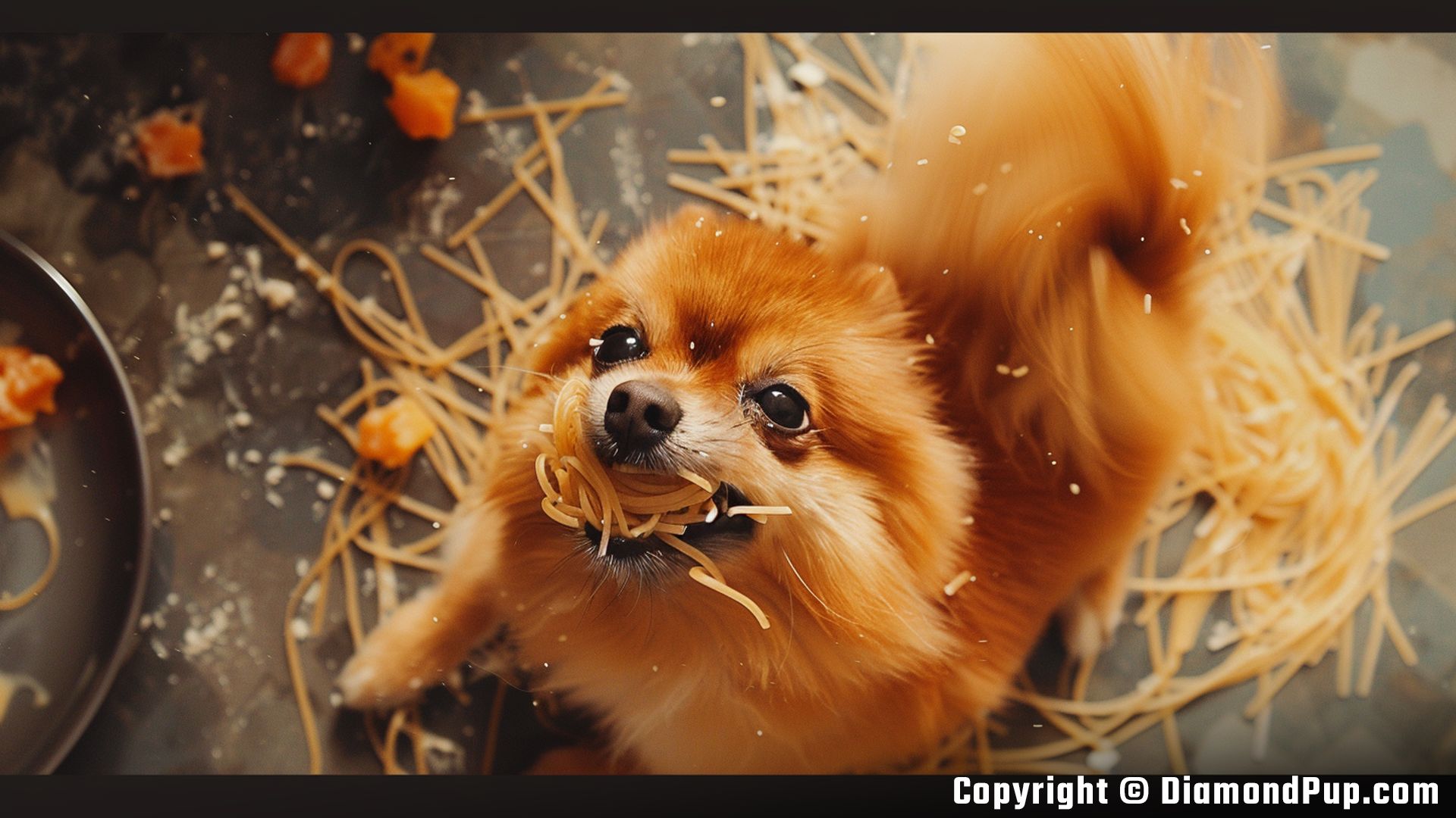 Picture of a Happy Pomeranian Eating Pasta