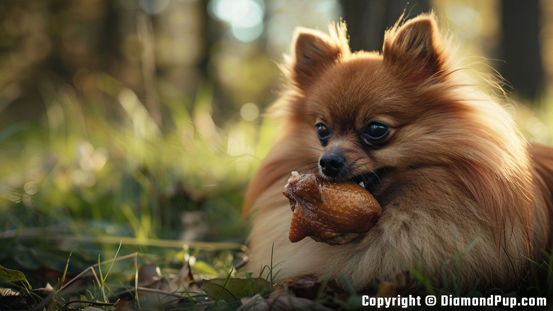 Picture of a Happy Pomeranian Snacking on Chicken