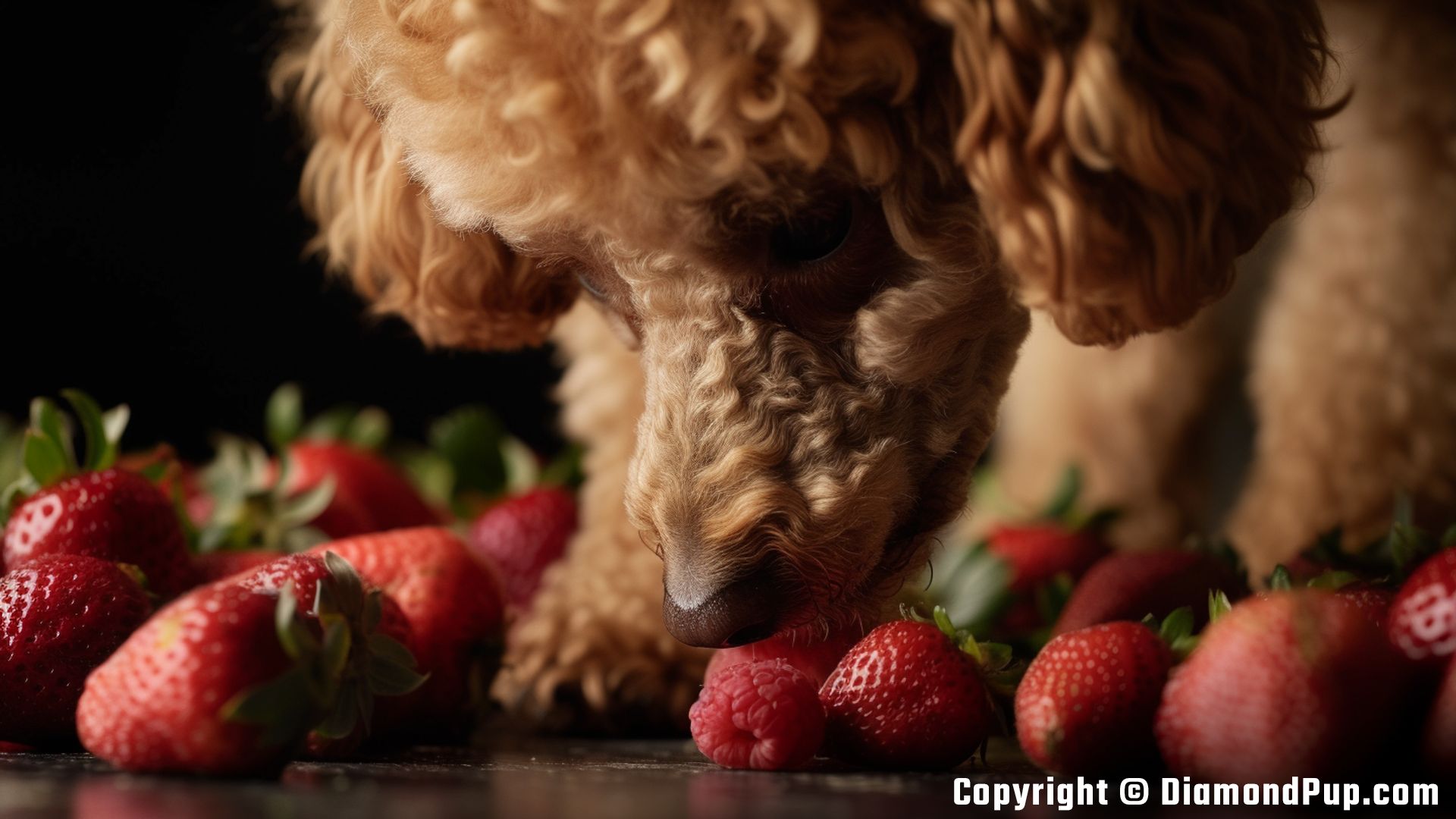Picture of a Happy Poodle Eating Strawberries