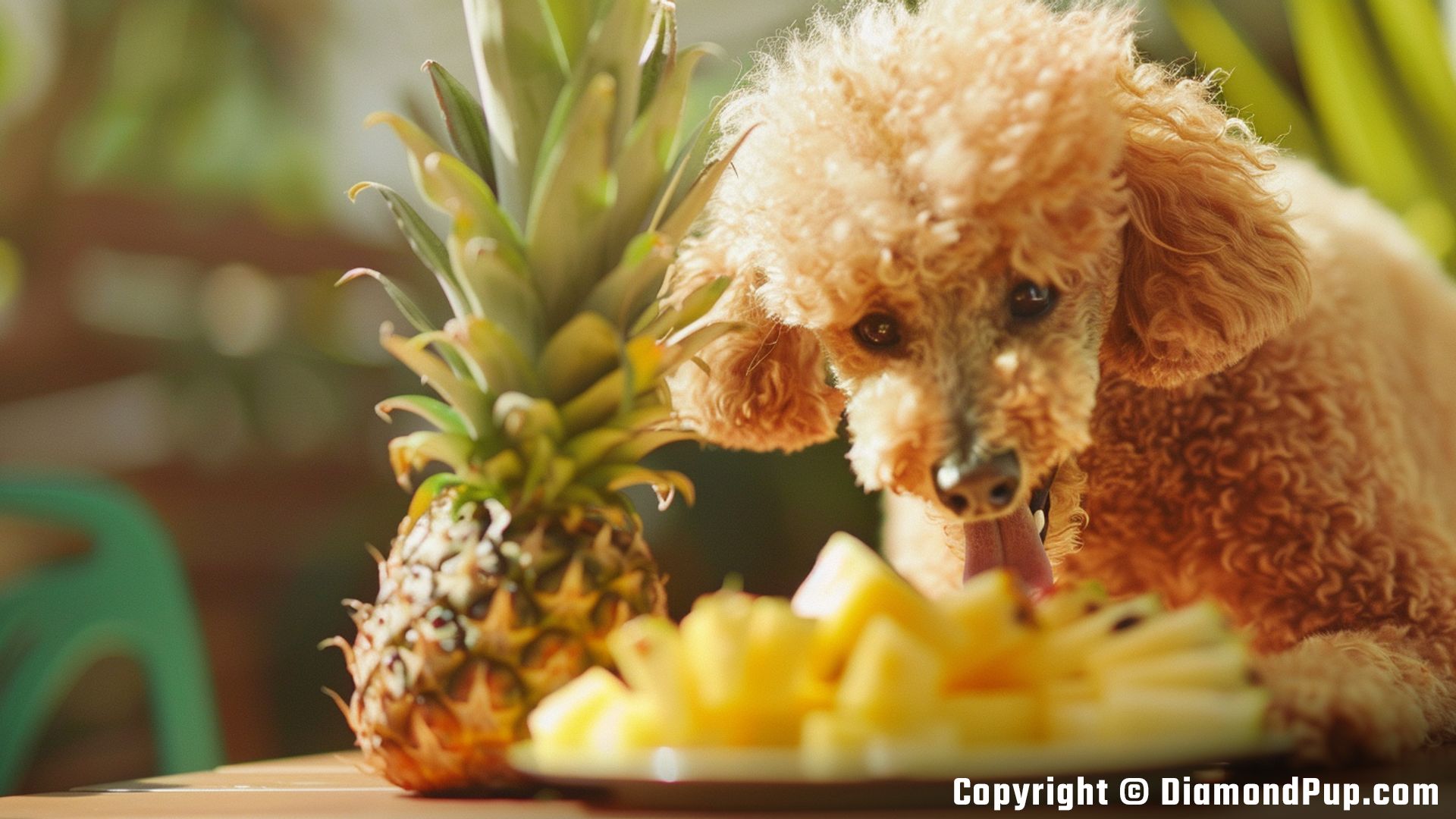 Picture of a Happy Poodle Snacking on Pineapple