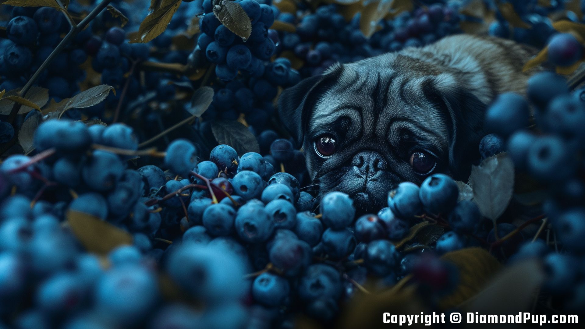 Picture of a Happy Pug Eating Blueberries