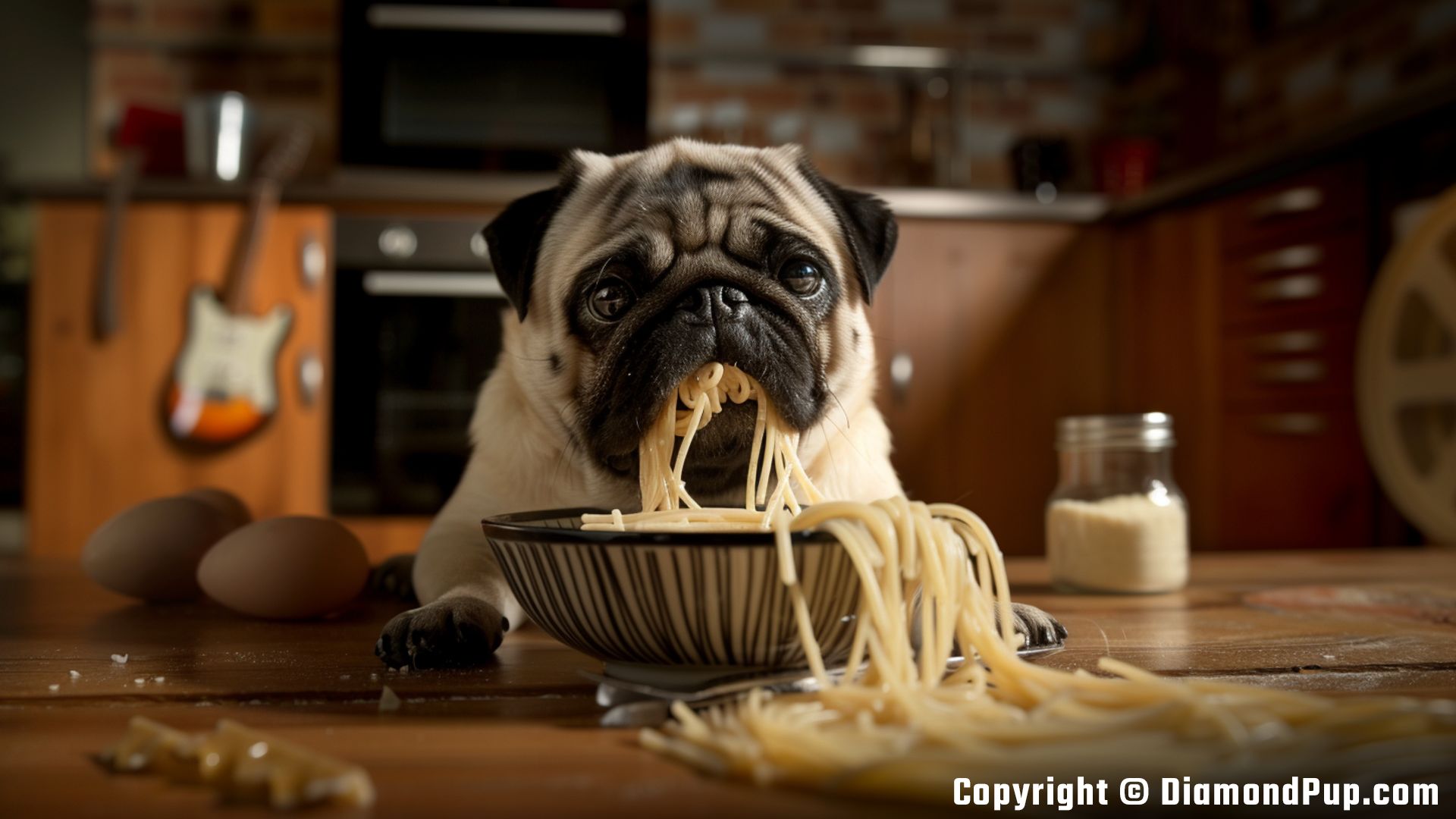 Picture of a Happy Pug Eating Pasta