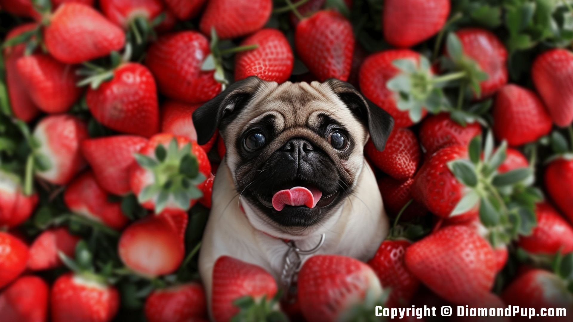 Picture of a Happy Pug Eating Strawberries