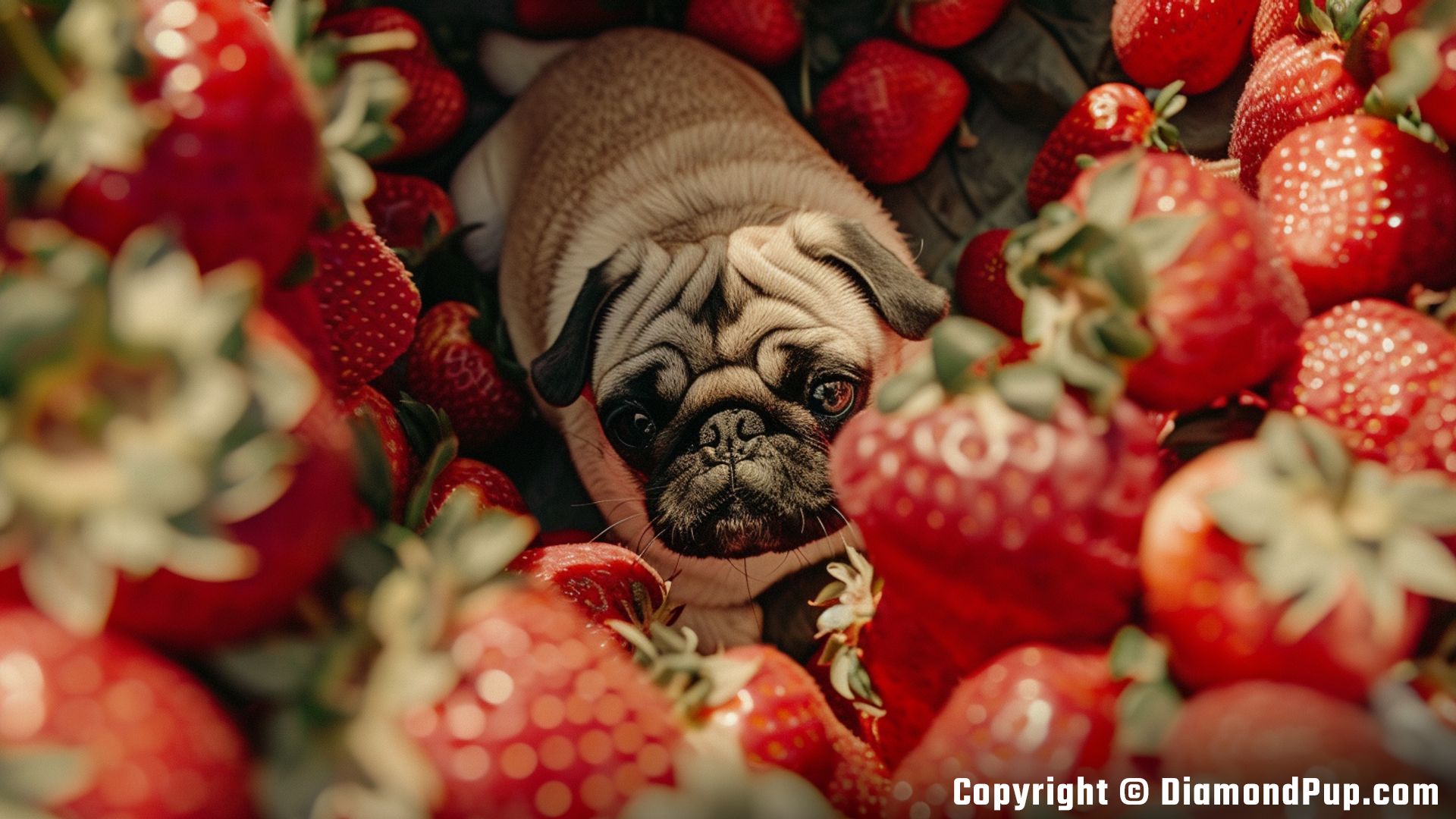 Picture of a Happy Pug Snacking on Strawberries