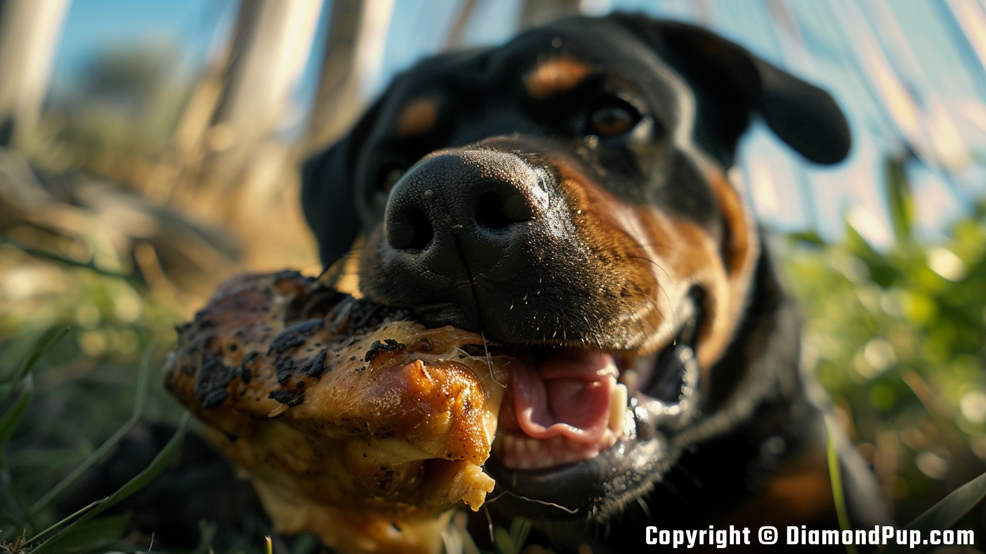 Picture of a Happy Rottweiler Eating Chicken