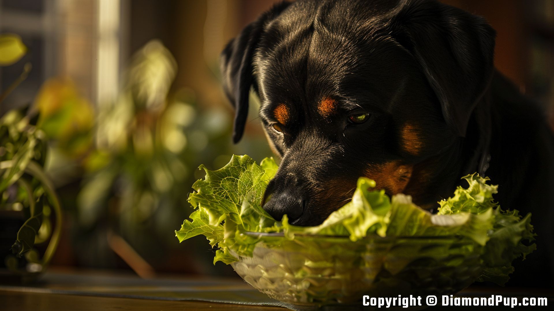 Picture of a Happy Rottweiler Eating Lettuce