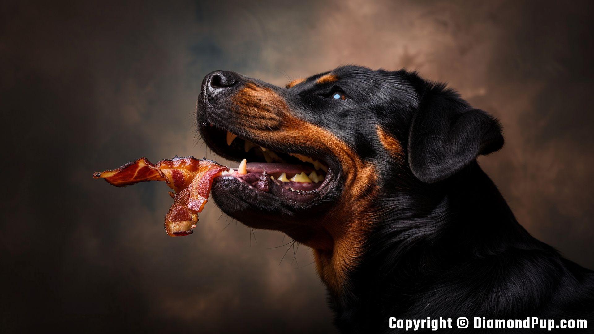 Picture of a Happy Rottweiler Snacking on Bacon