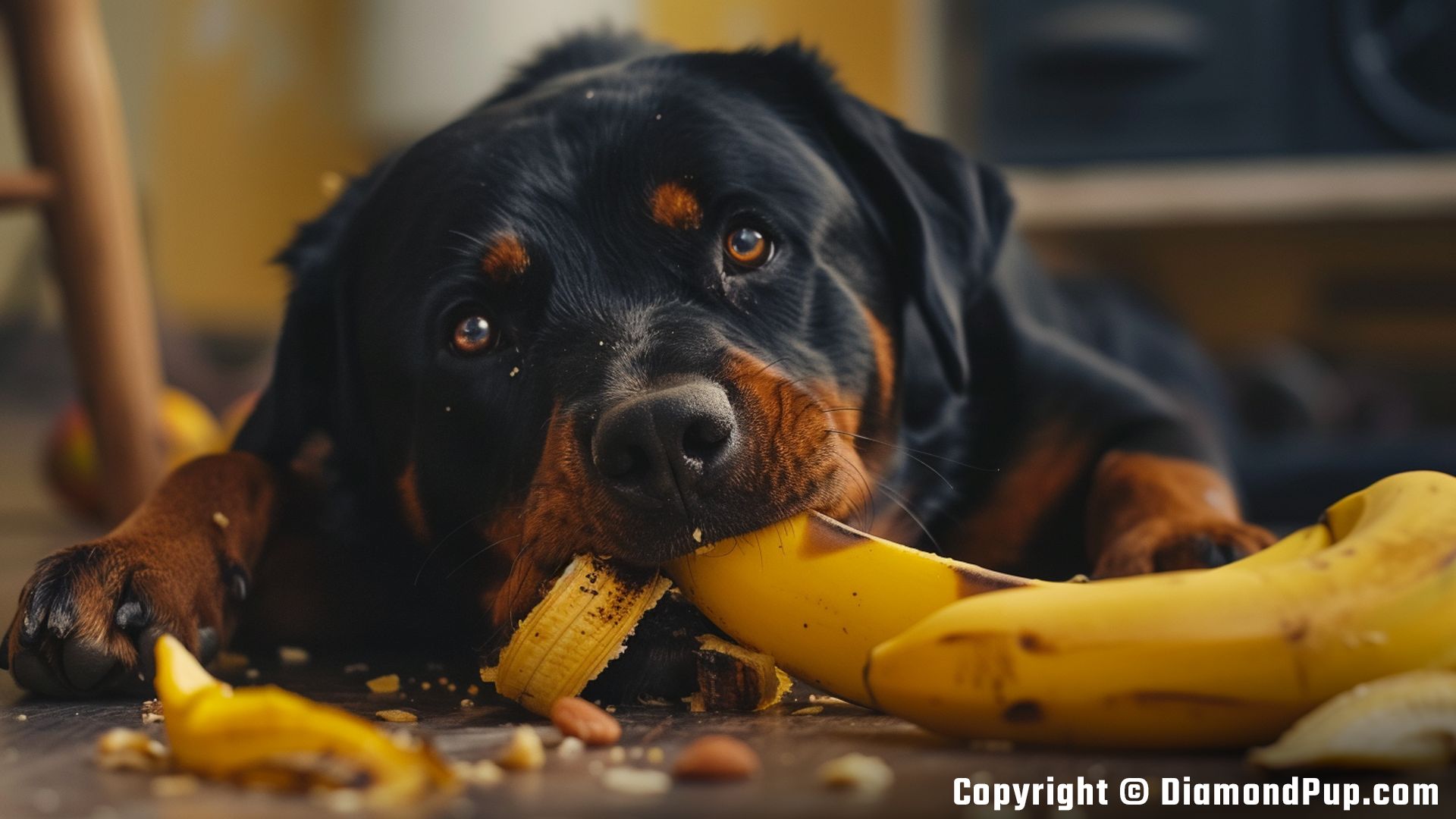 Picture of a Happy Rottweiler Snacking on Banana