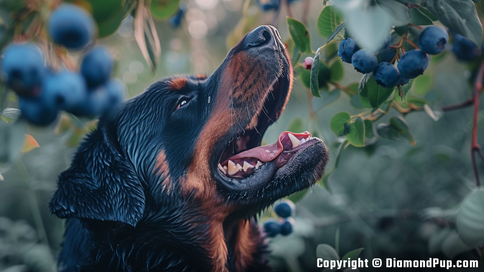 Picture of a Happy Rottweiler Snacking on Blueberries