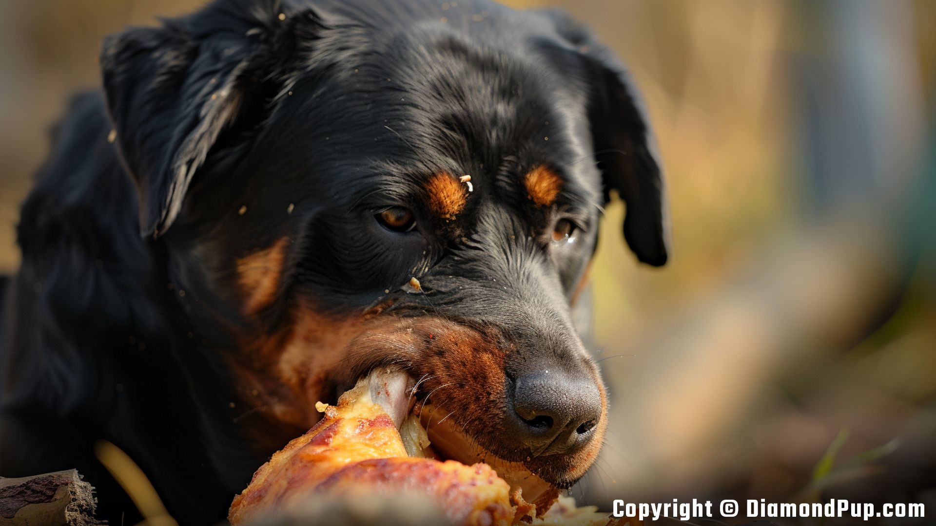 Picture of a Happy Rottweiler Snacking on Chicken