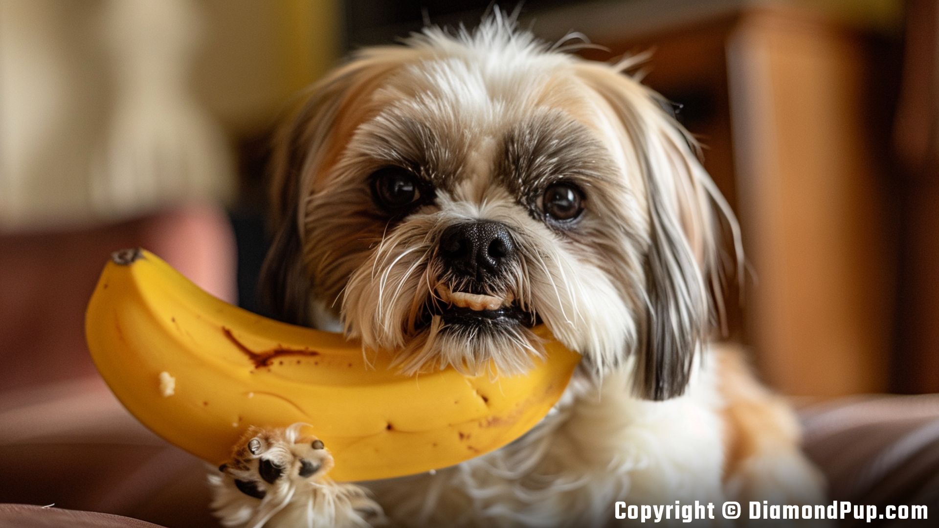 Picture of a Happy Shih Tzu Eating Banana