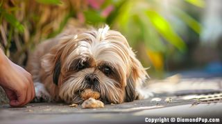 Picture of a Happy Shih Tzu Eating Chicken