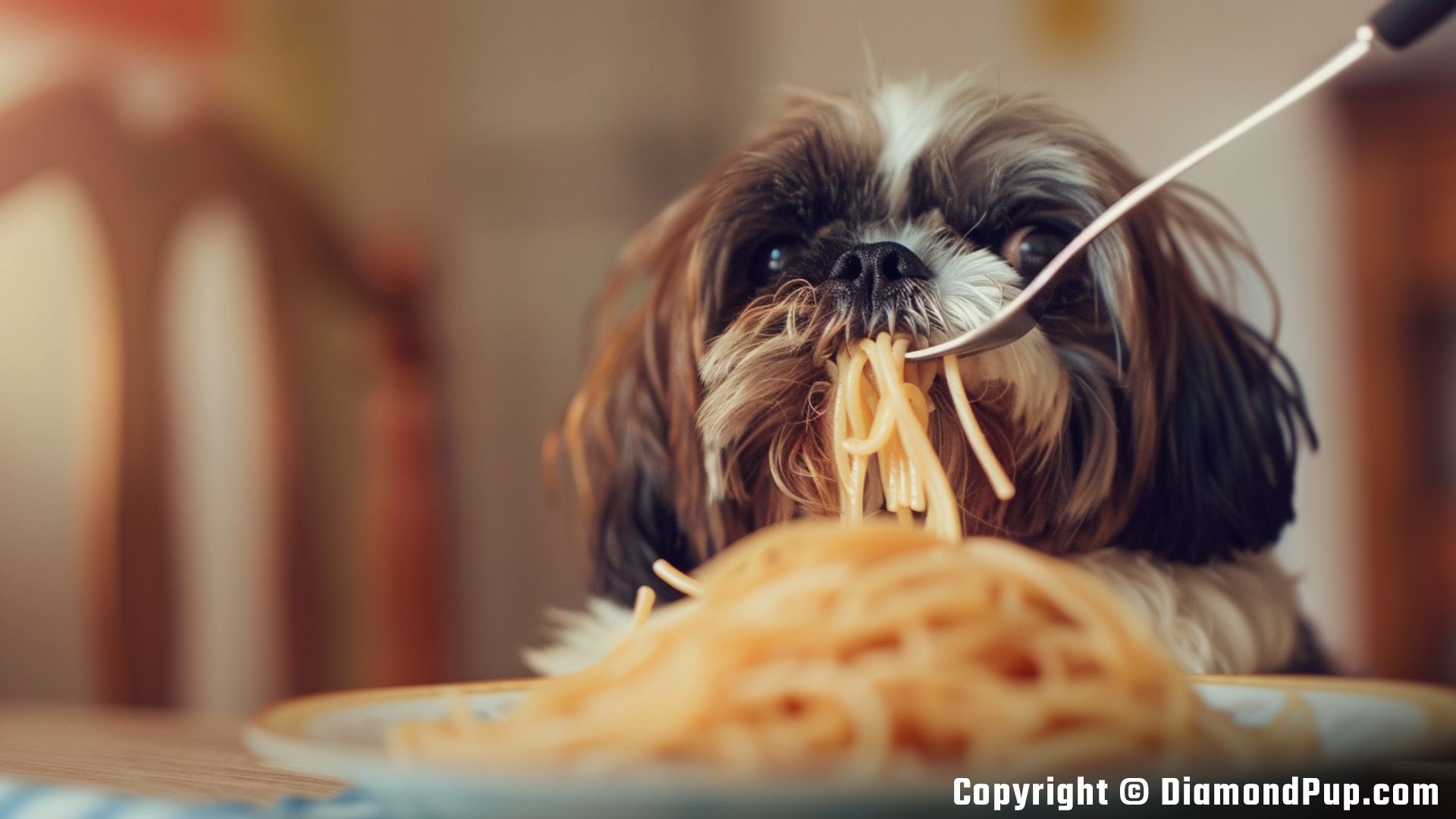 Picture of a Happy Shih Tzu Eating Pasta