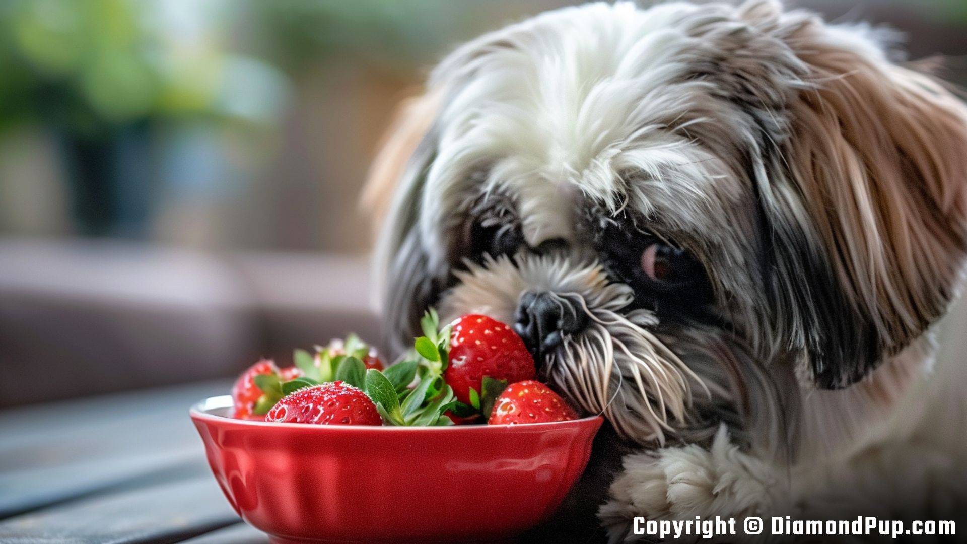 Picture of a Happy Shih Tzu Eating Strawberries