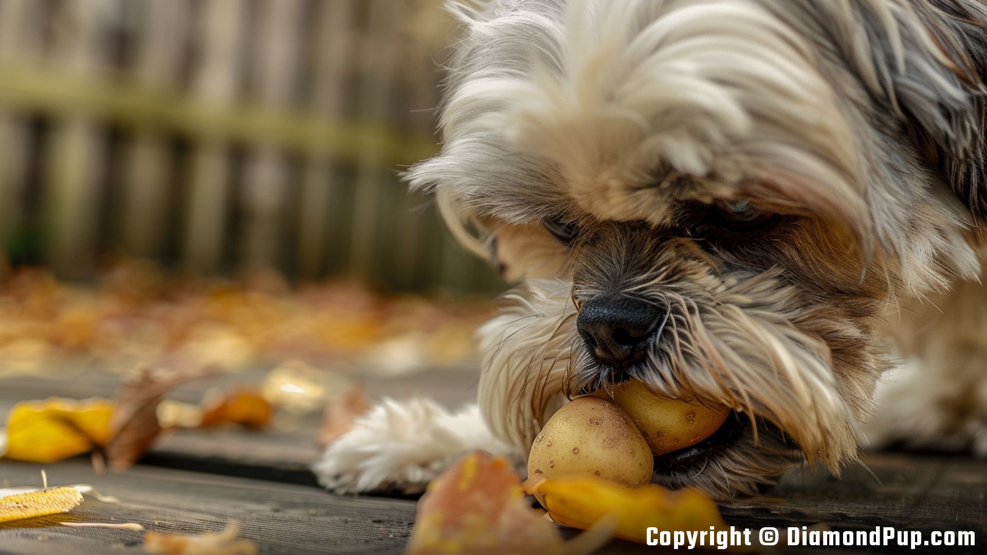Picture of a Happy Shih Tzu Snacking on Potato