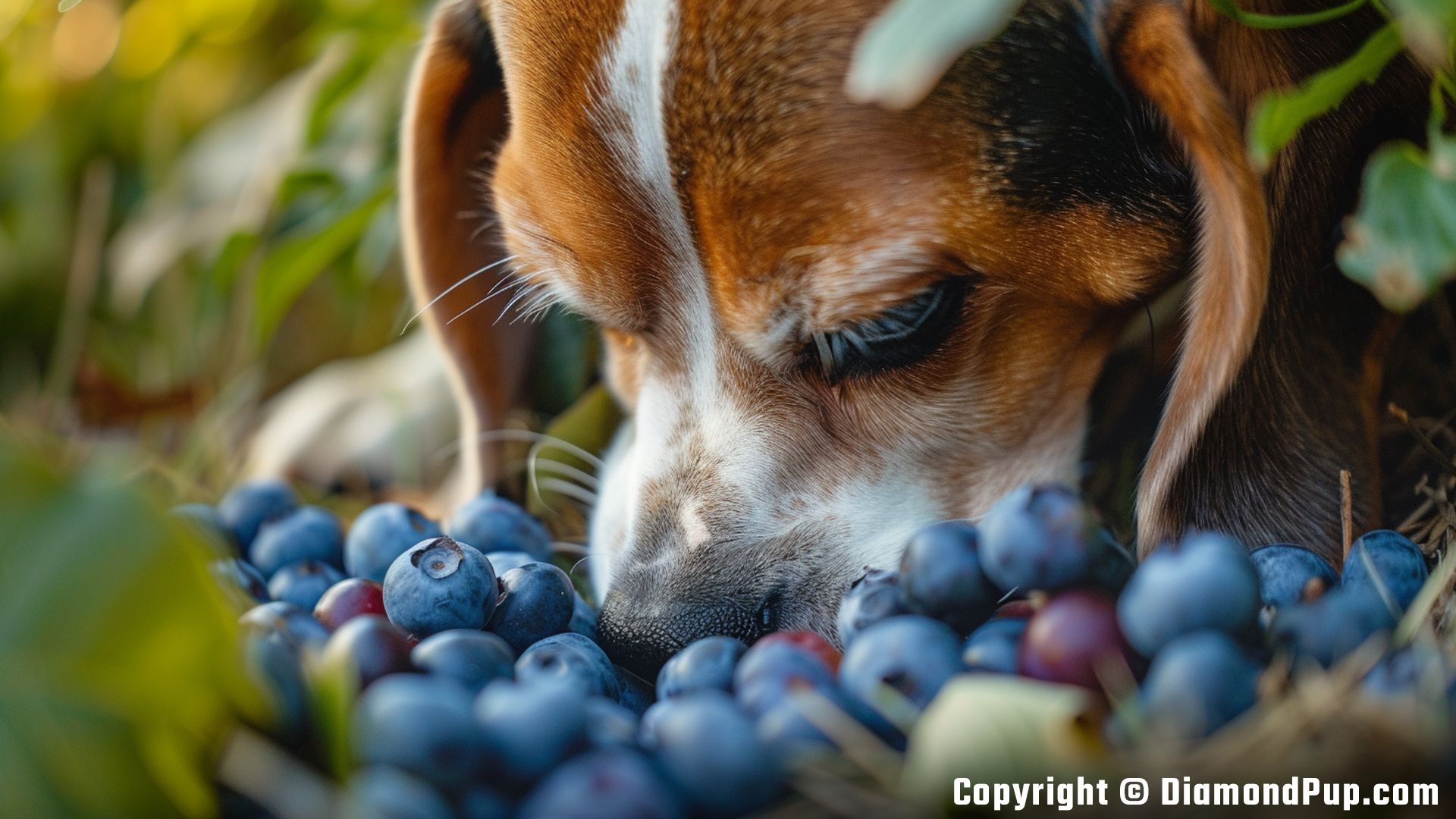 Picture of a Playful Beagle Eating Blueberries