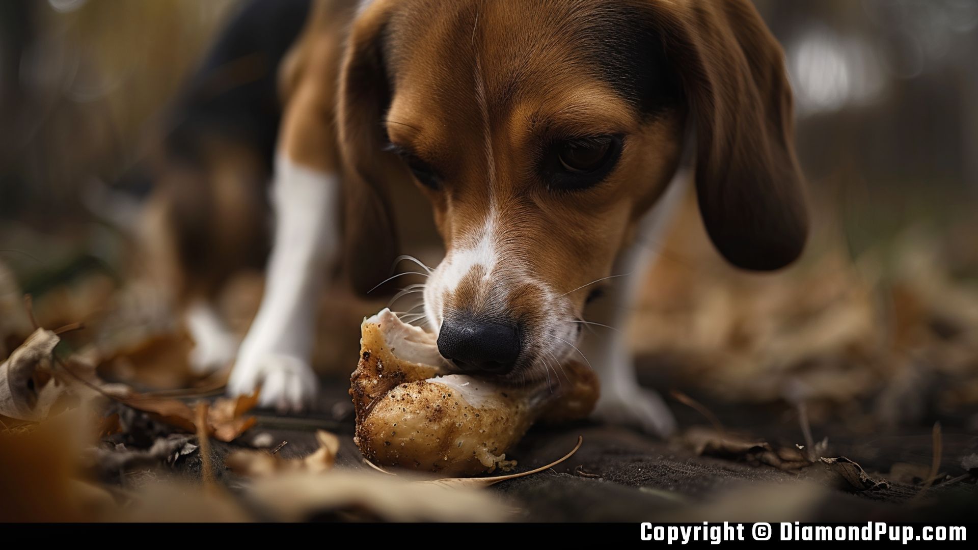 Picture of a Playful Beagle Eating Chicken