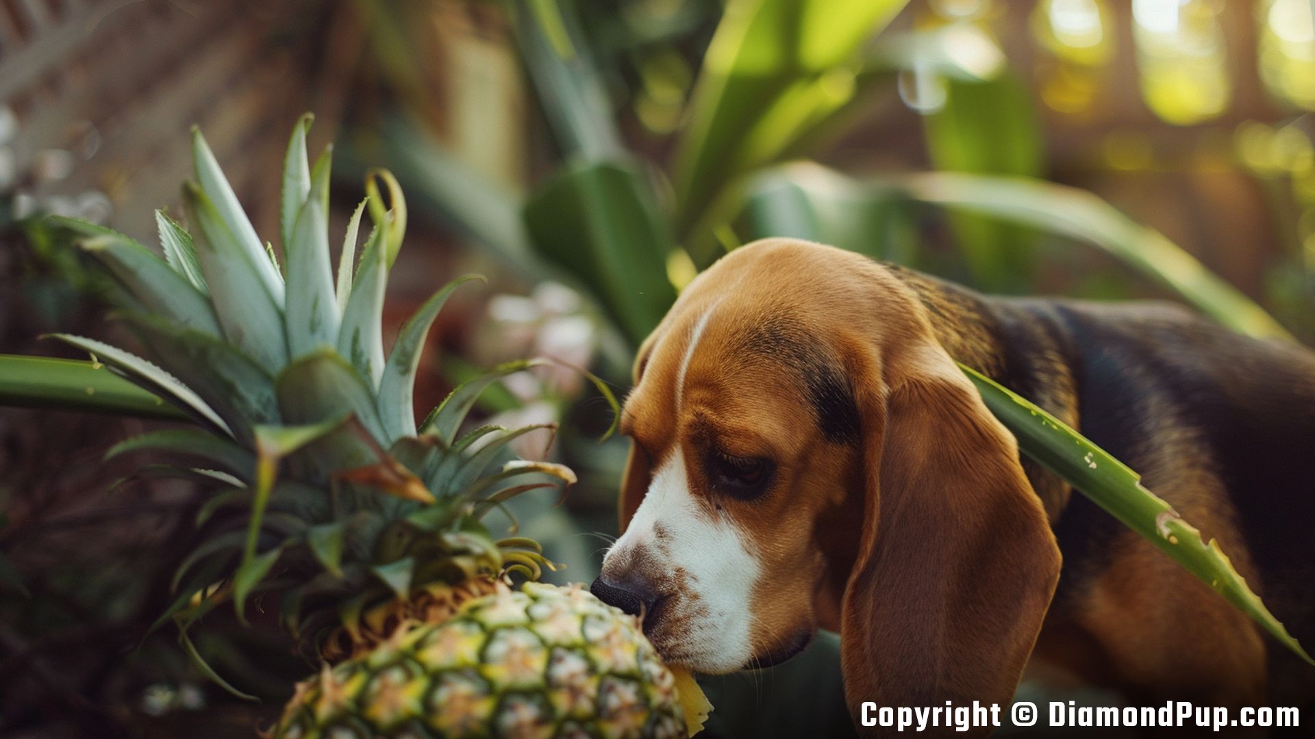 Picture of a Playful Beagle Eating Pineapple