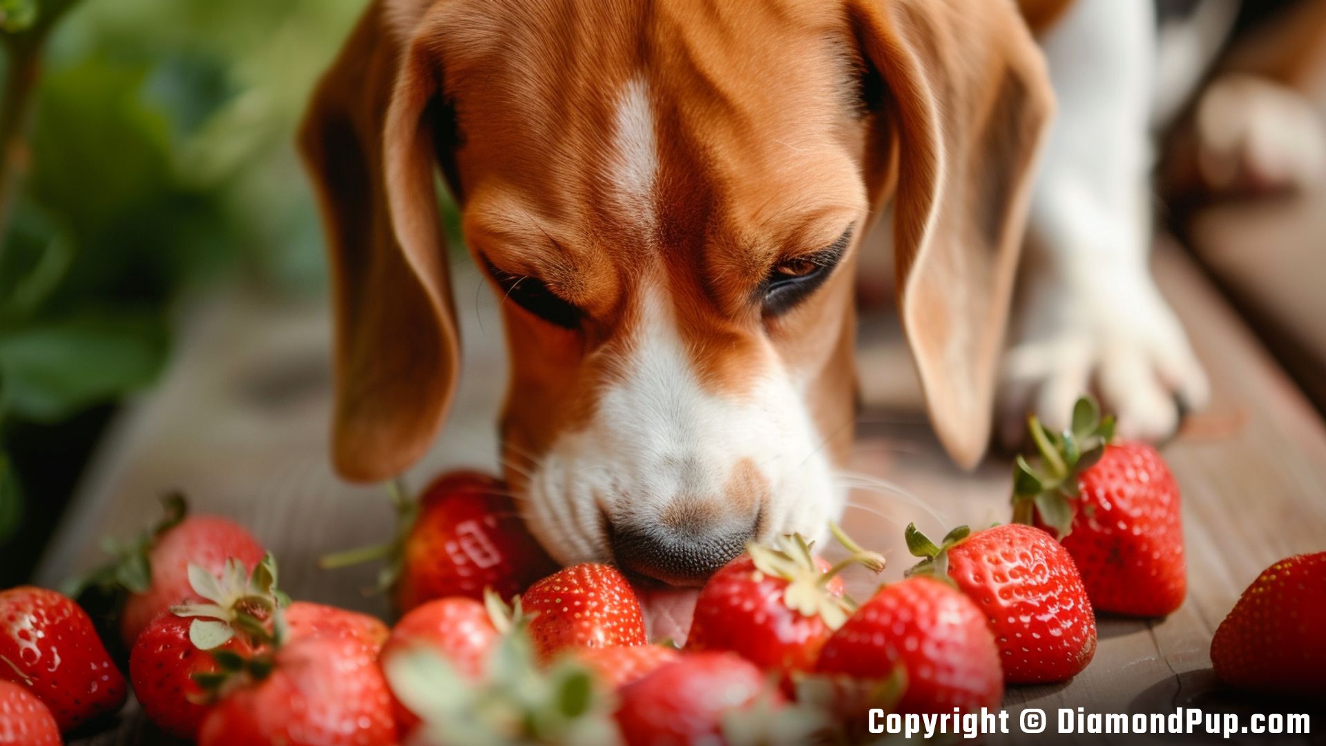 Picture of a Playful Beagle Eating Strawberries