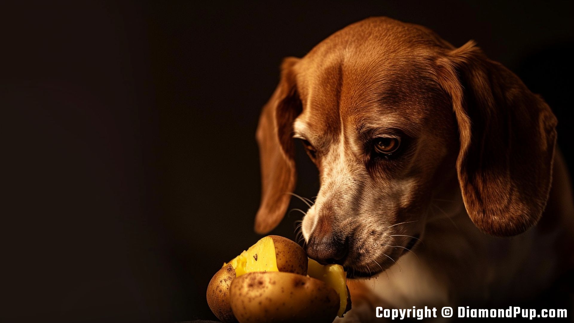 Picture of a Playful Beagle Snacking on Potato