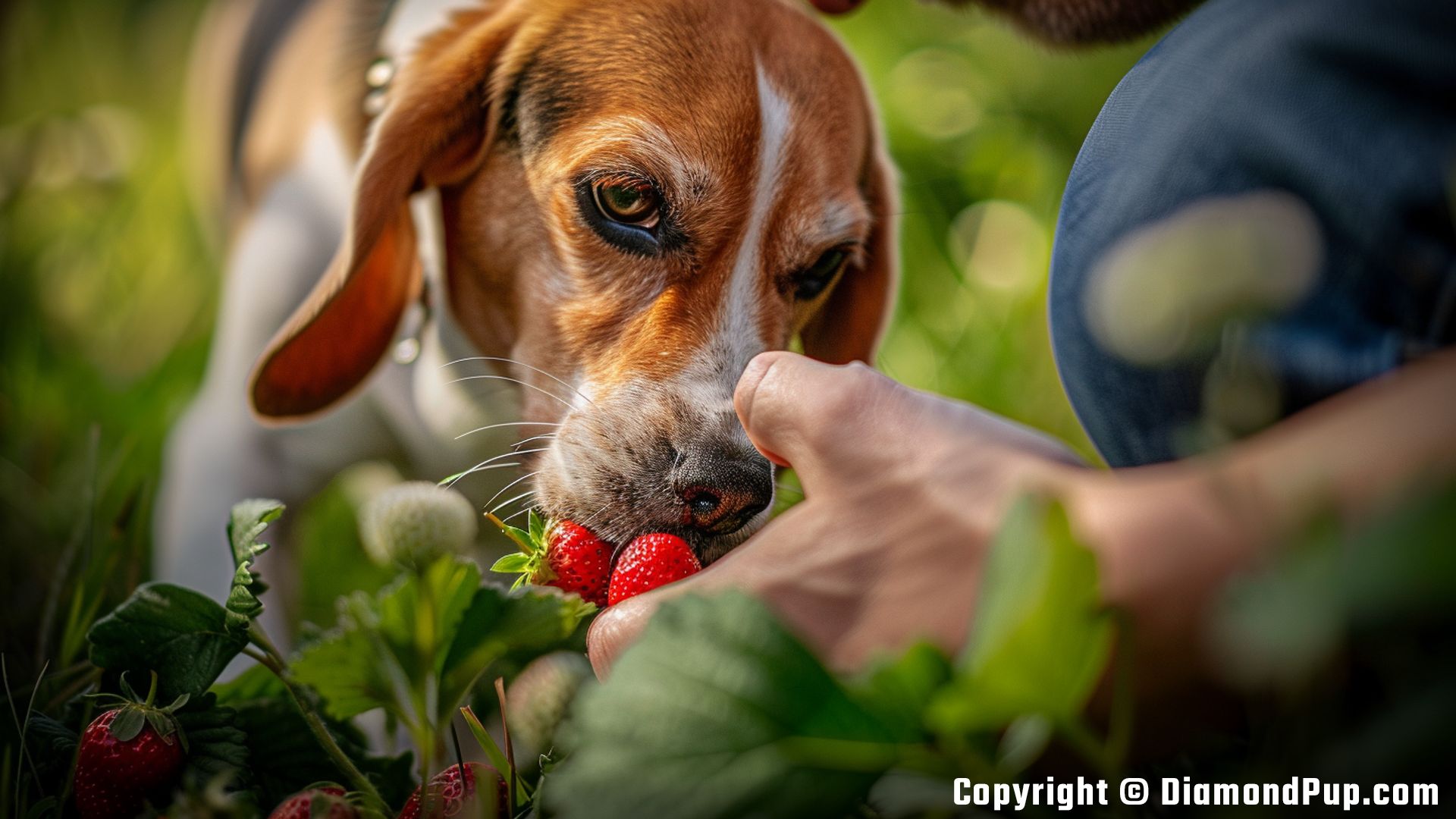 Picture of a Playful Beagle Snacking on Strawberries