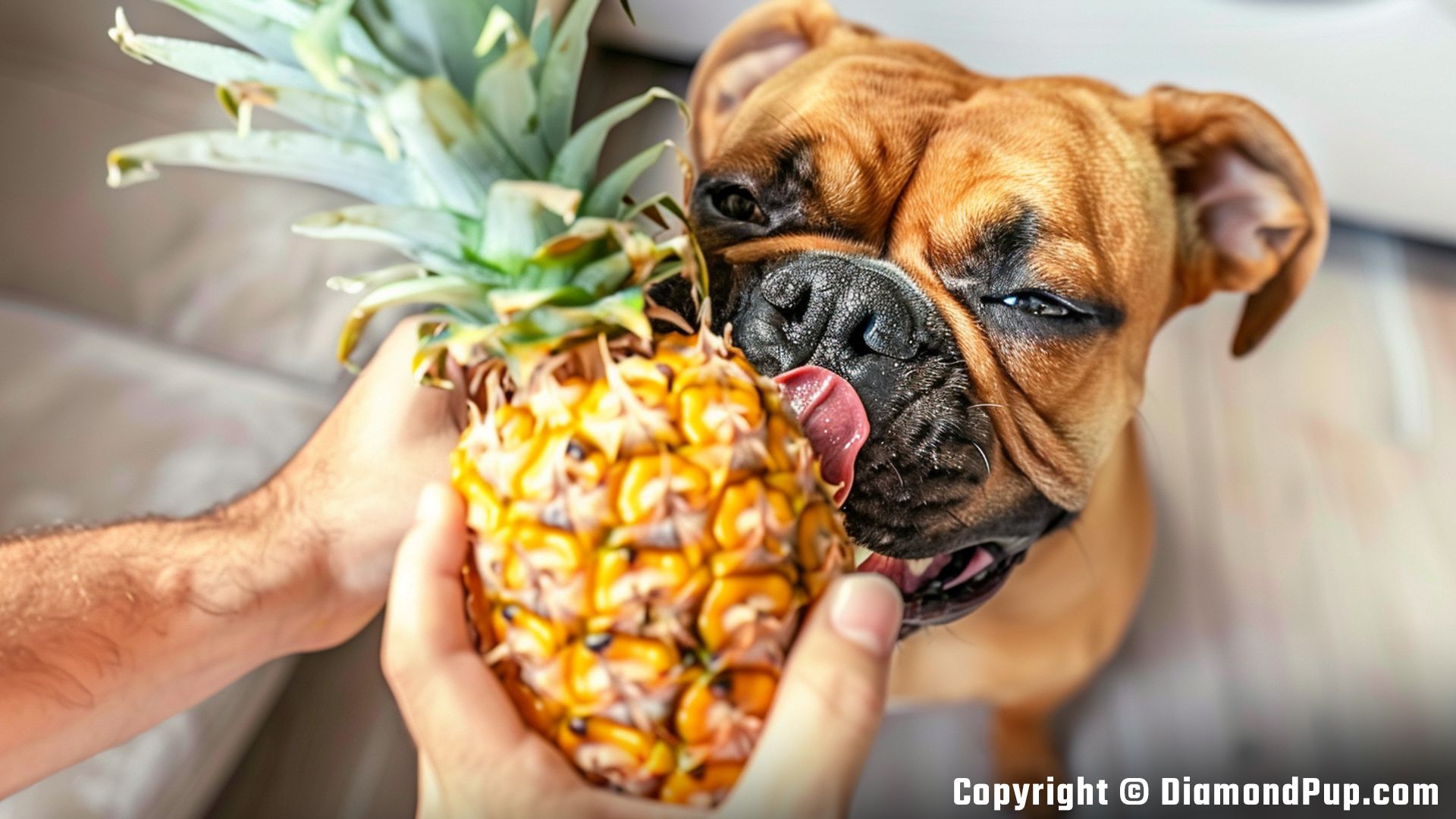 Picture of a Playful Boxer Eating Pineapple