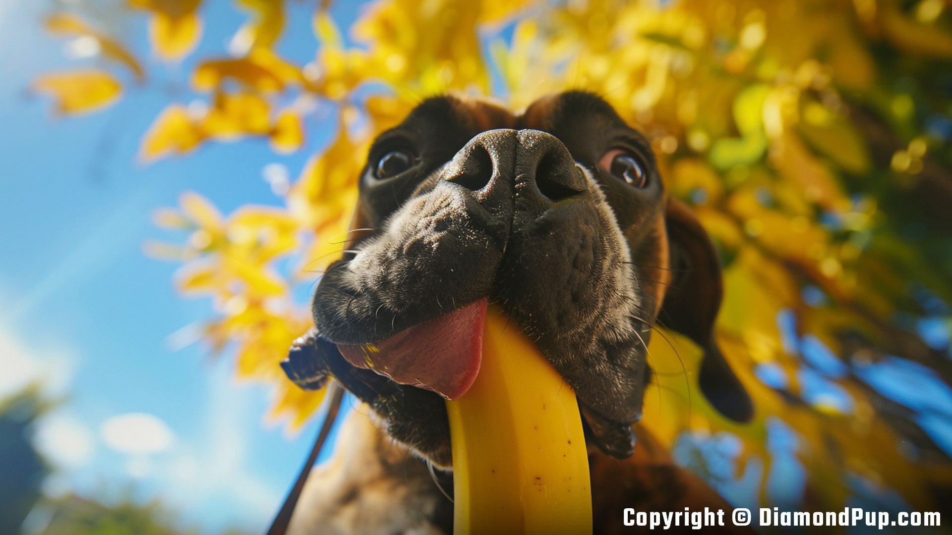 Picture of a Playful Boxer Snacking on Banana