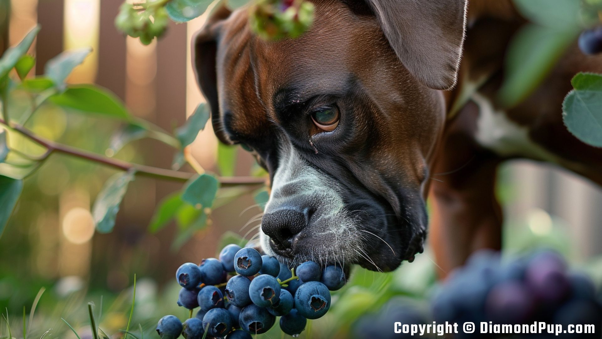 Picture of a Playful Boxer Snacking on Blueberries