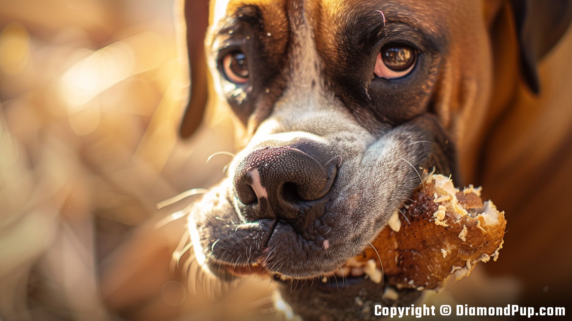 Picture of a Playful Boxer Snacking on Chicken