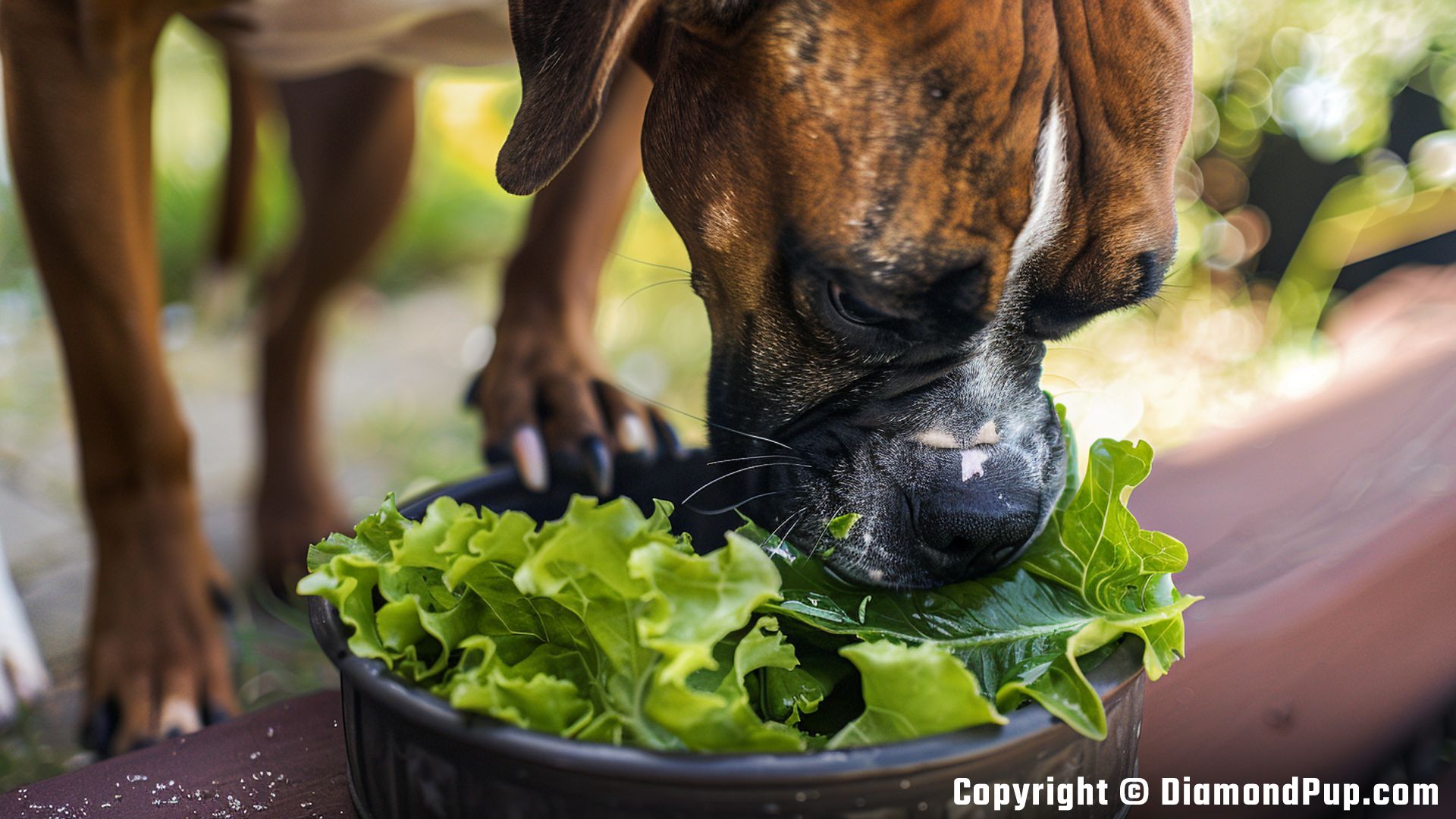 Picture of a Playful Boxer Snacking on Lettuce