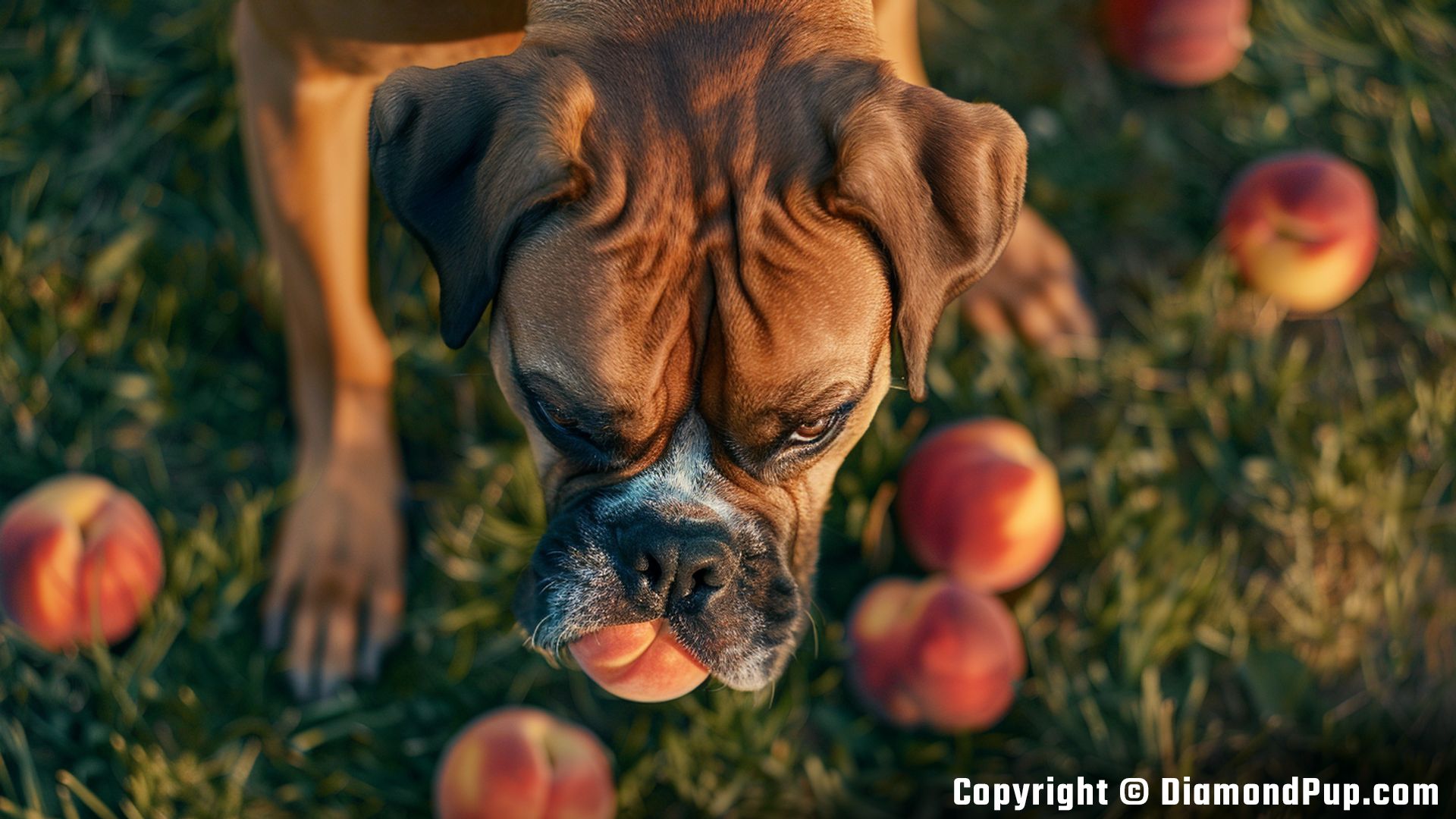 Picture of a Playful Boxer Snacking on Peaches