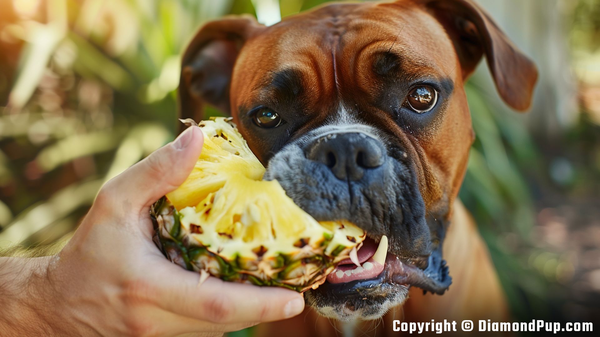 Picture of a Playful Boxer Snacking on Pineapple