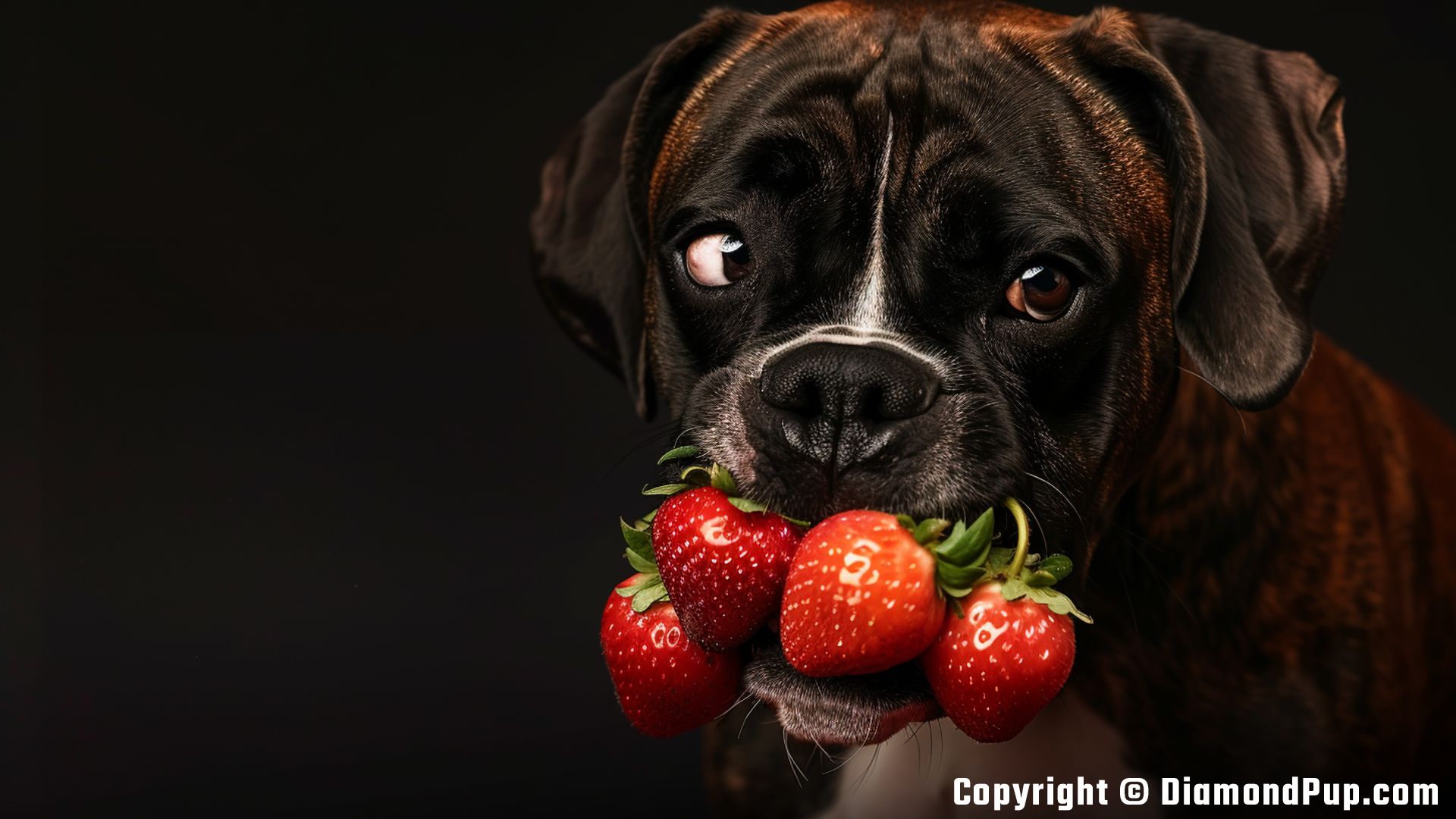 Picture of a Playful Boxer Snacking on Strawberries