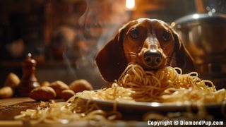 Picture of a Playful Dachshund Eating Pasta