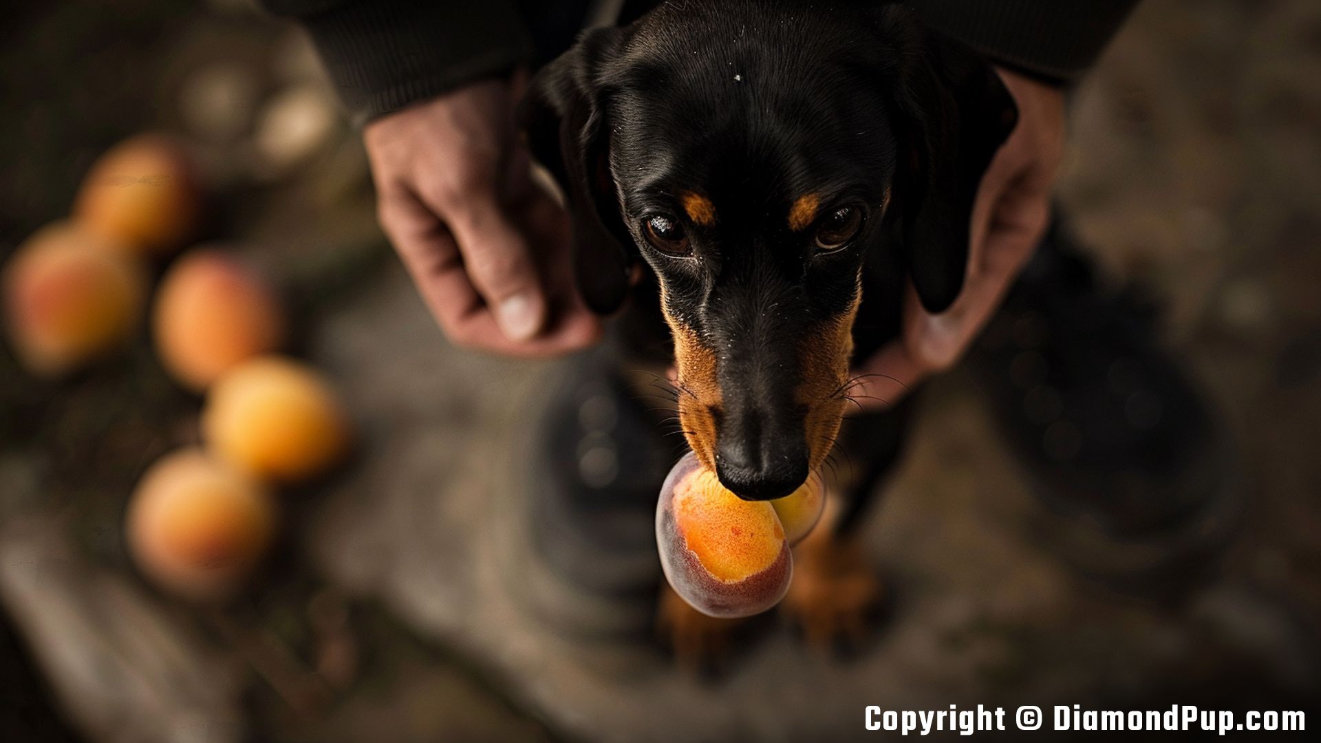 Picture of a Playful Dachshund Eating Peaches