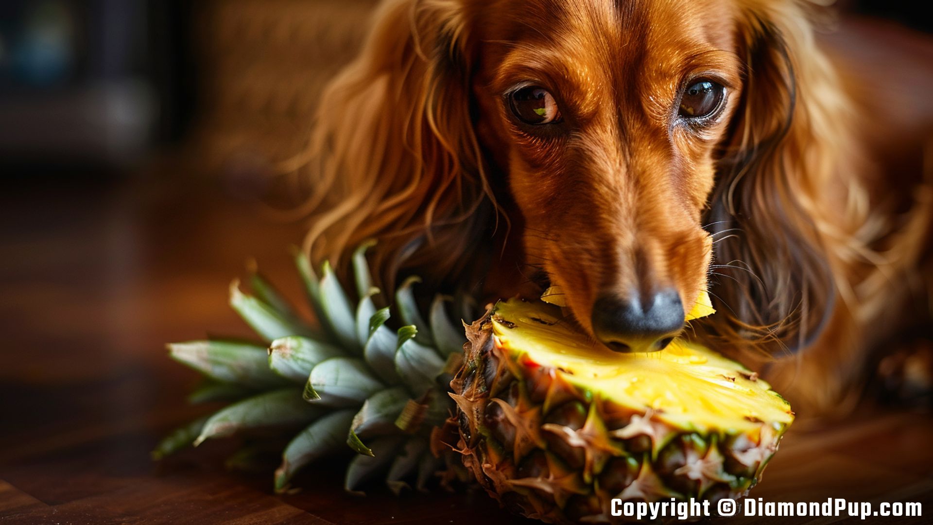 Picture of a Playful Dachshund Eating Pineapple