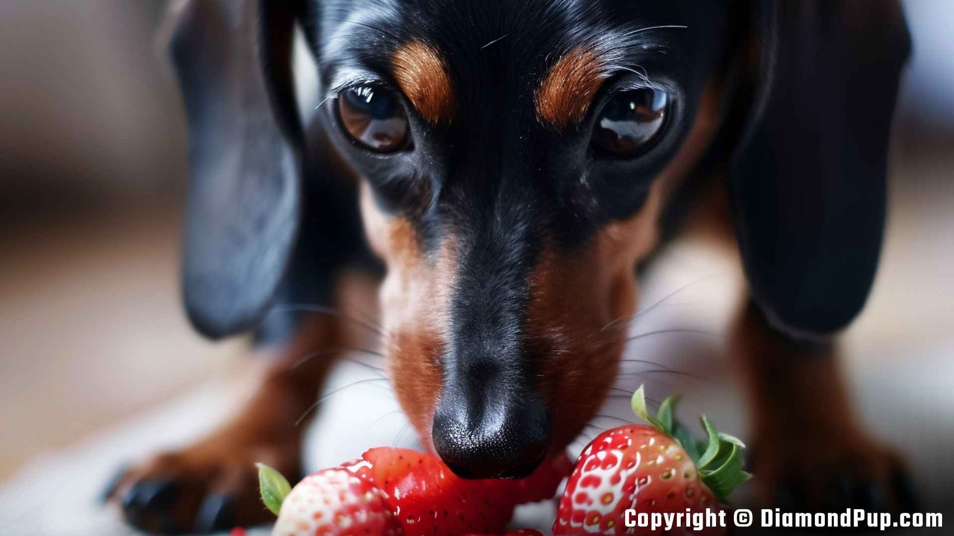 Picture of a Playful Dachshund Eating Strawberries