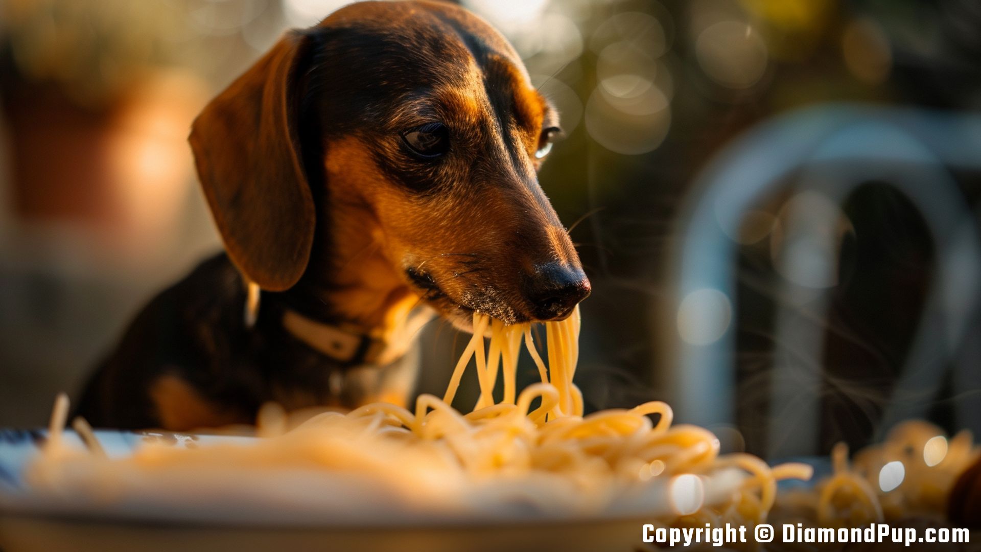 Picture of a Playful Dachshund Snacking on Pasta