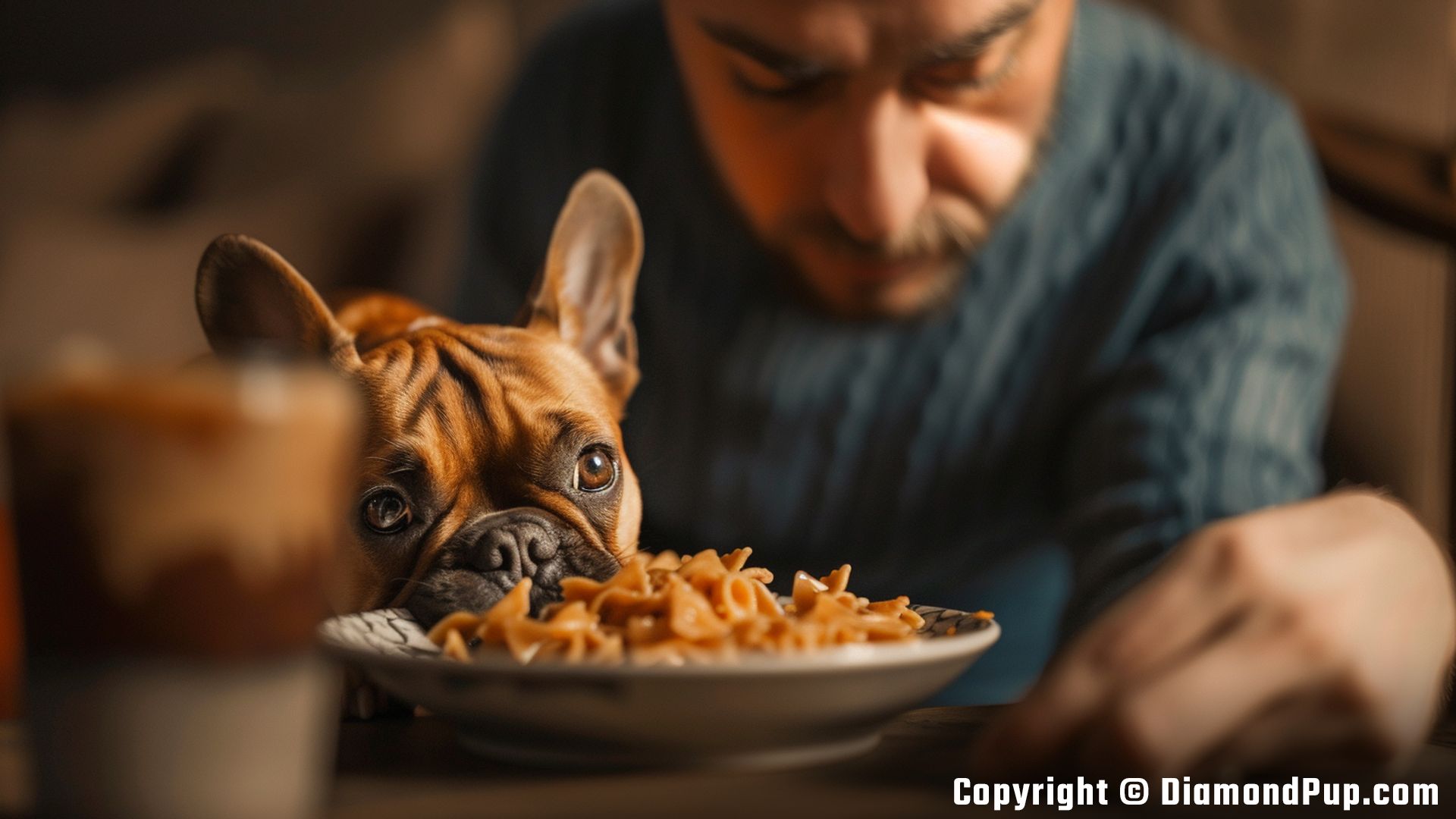 Picture of a Playful French Bulldog Eating Pasta