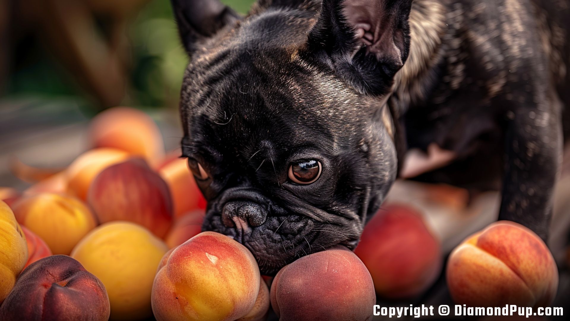 Picture of a Playful French Bulldog Eating Peaches