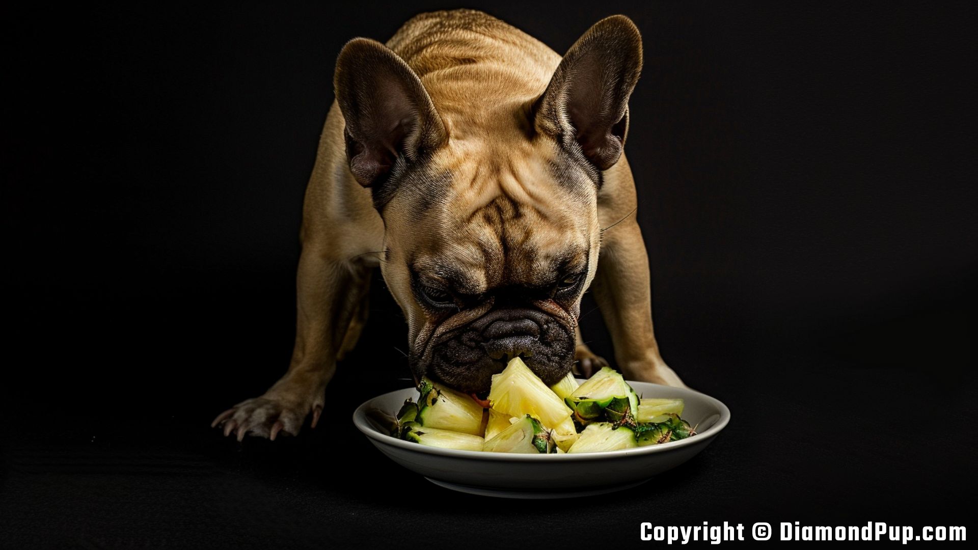 Picture of a Playful French Bulldog Eating Pineapple