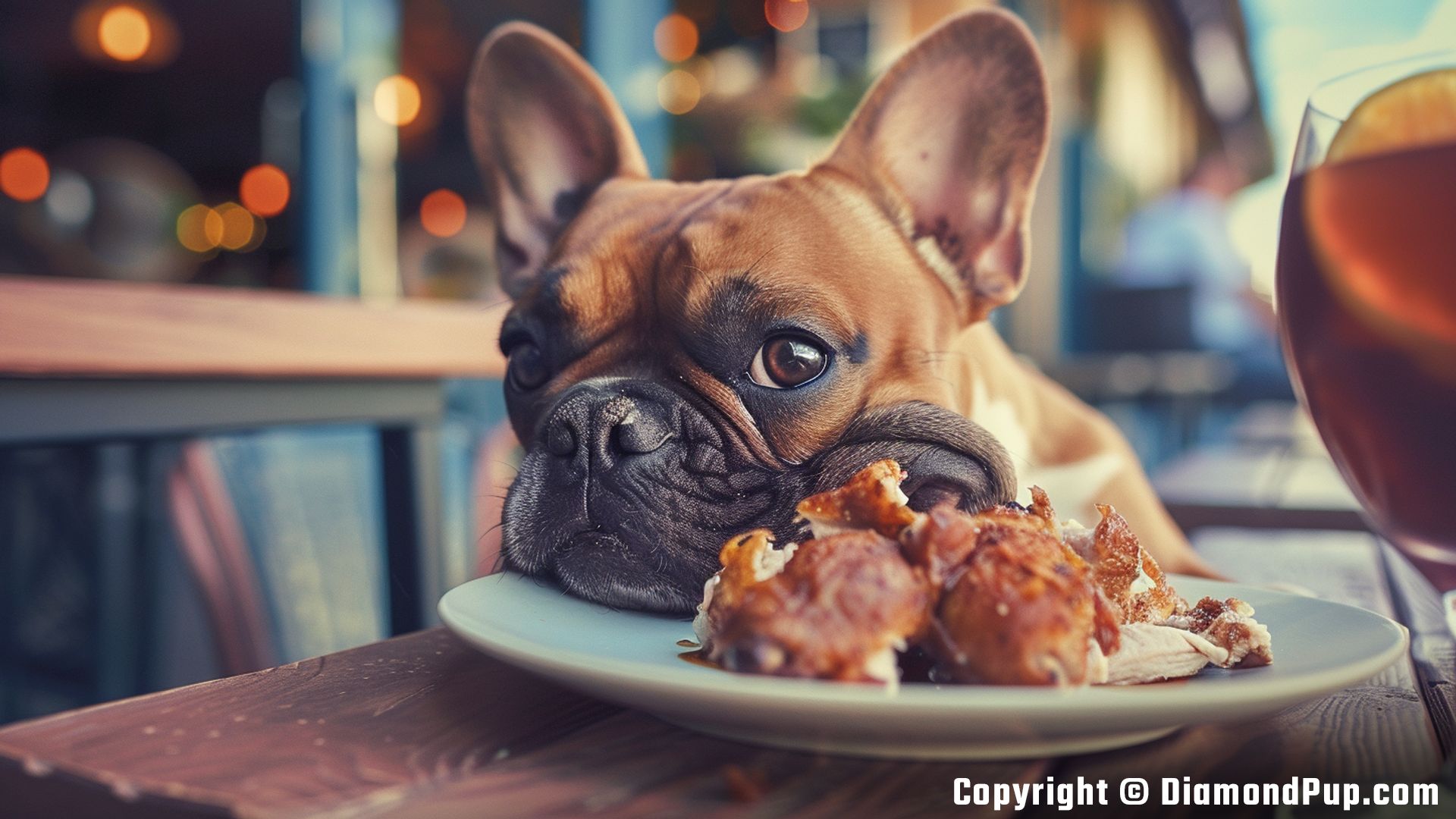 Picture of a Playful French Bulldog Snacking on Chicken