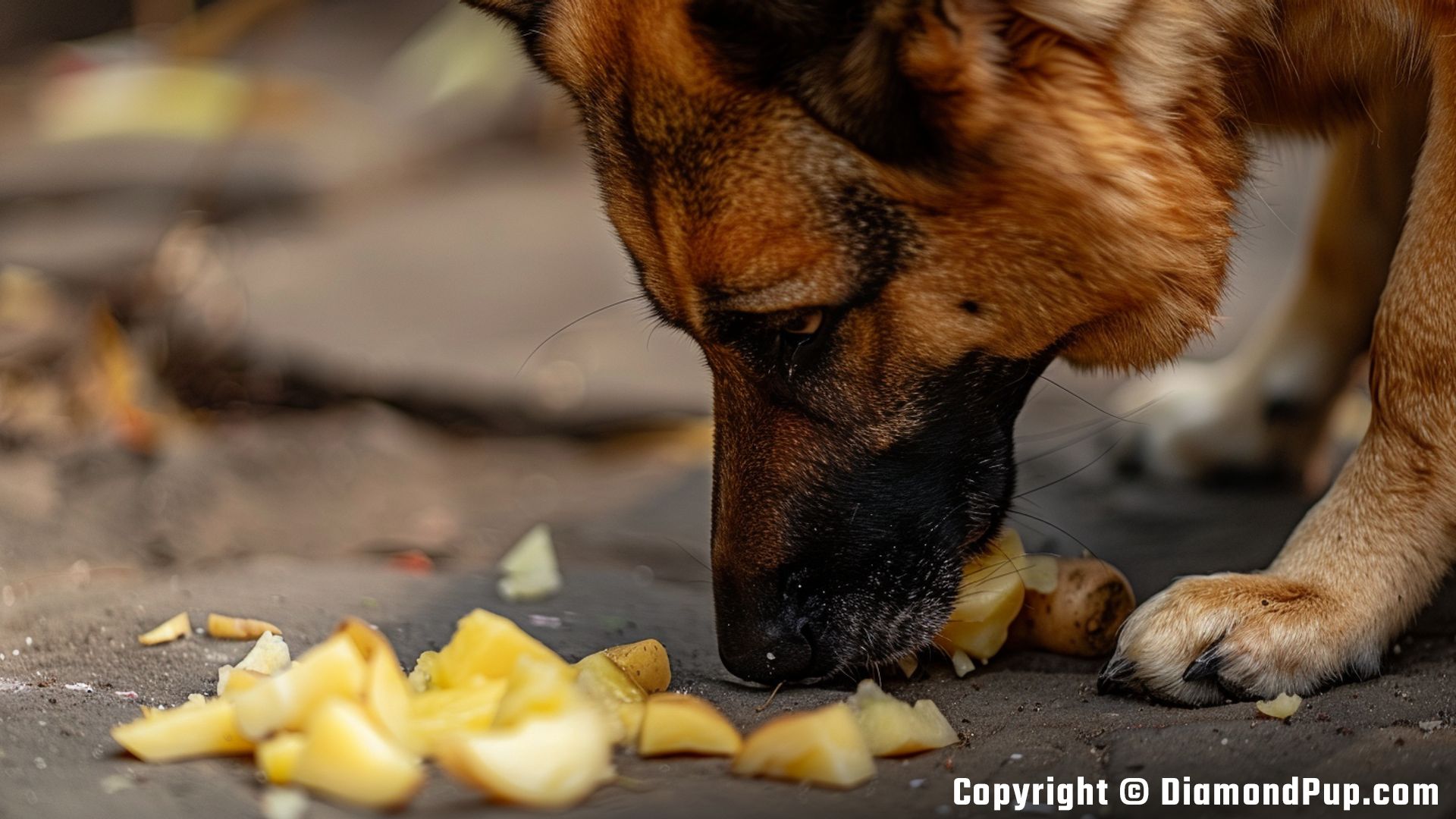 Picture of a Playful German Shepherd Eating Potato