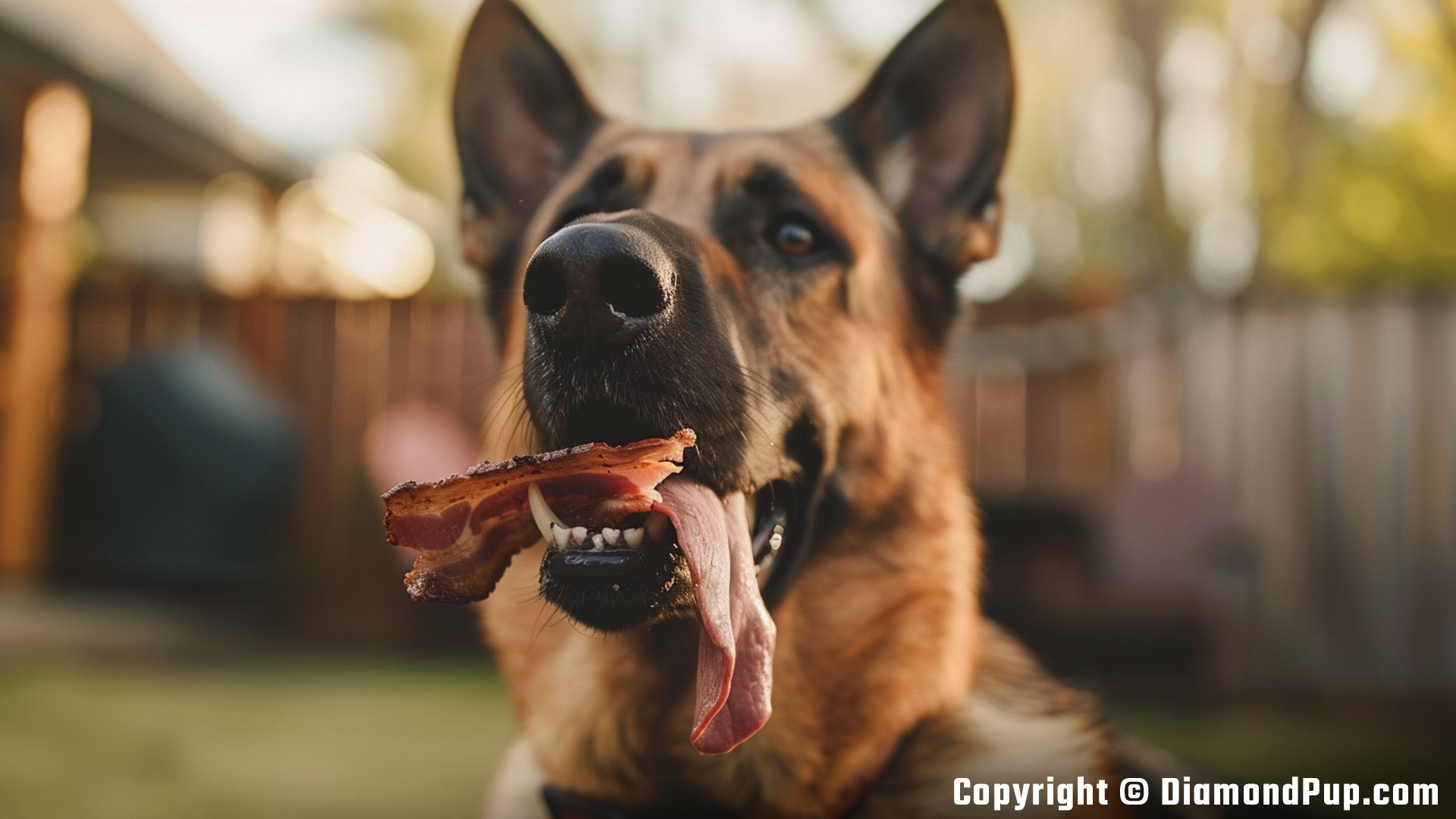 Picture of a Playful German Shepherd Snacking on Bacon