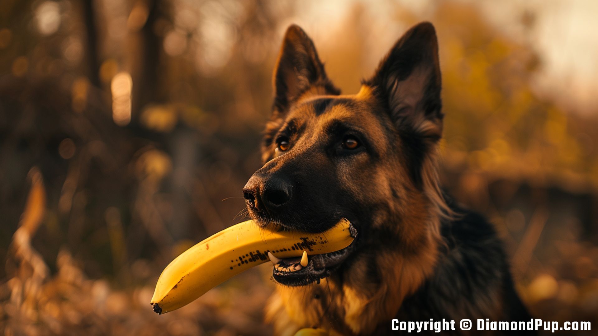Picture of a Playful German Shepherd Snacking on Banana