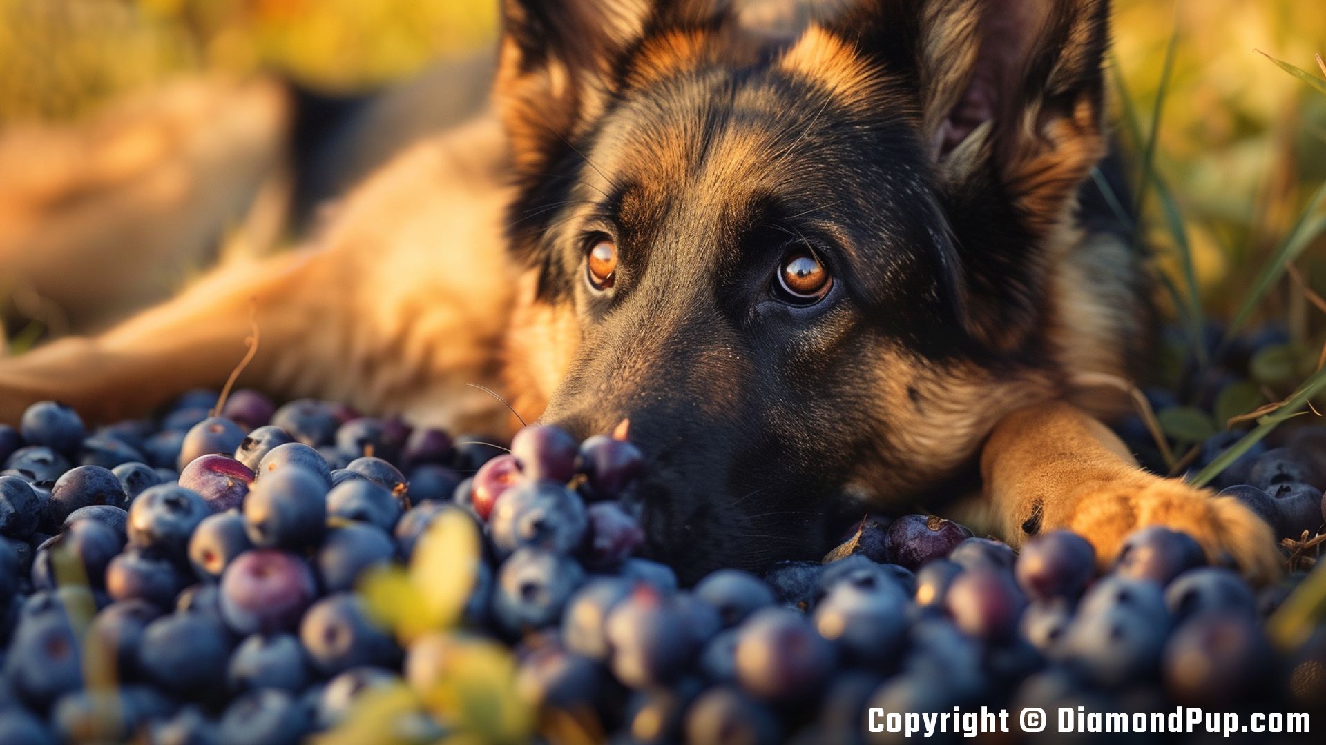 Picture of a Playful German Shepherd Snacking on Blueberries