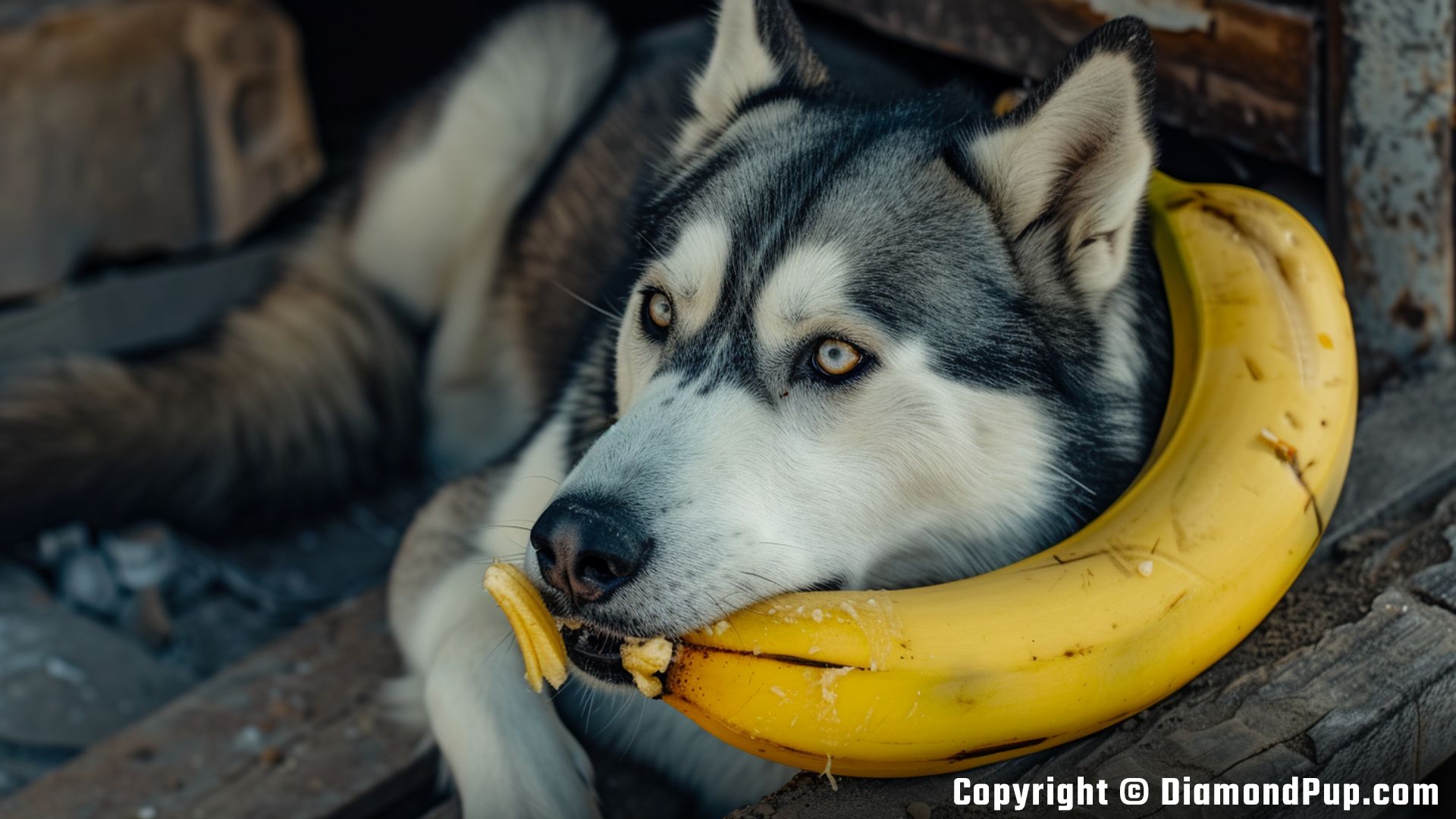Picture of a Playful Husky Eating Banana