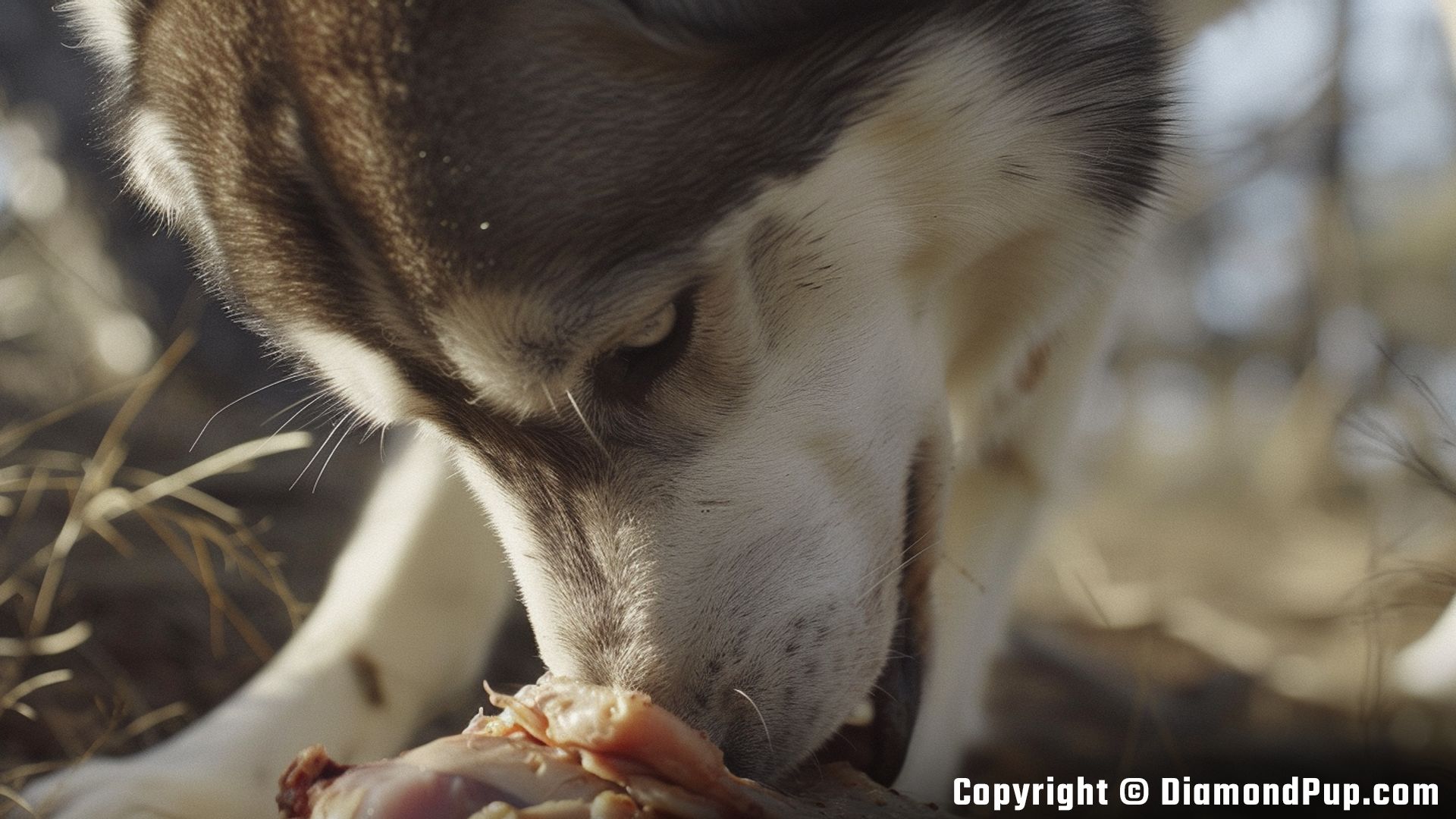 Picture of a Playful Husky Eating Chicken