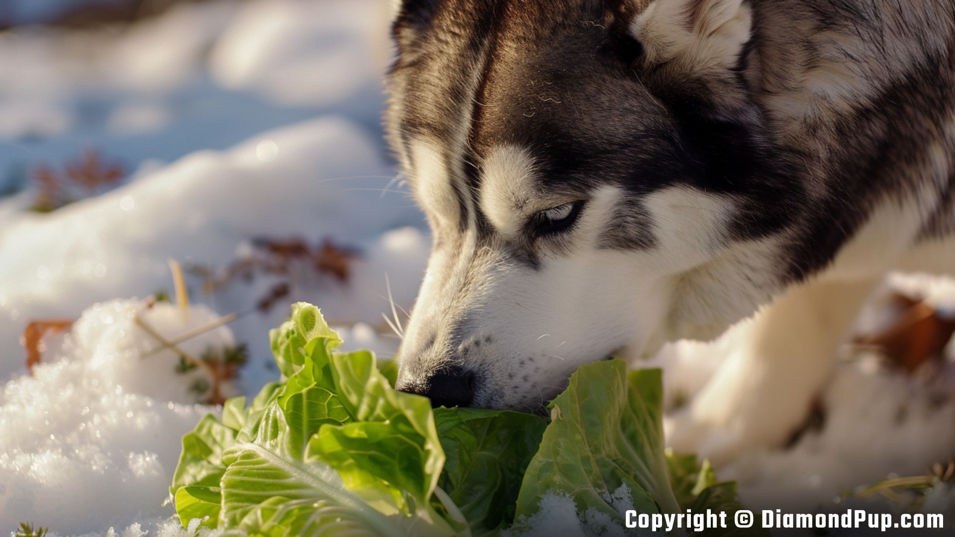 Picture of a Playful Husky Eating Lettuce