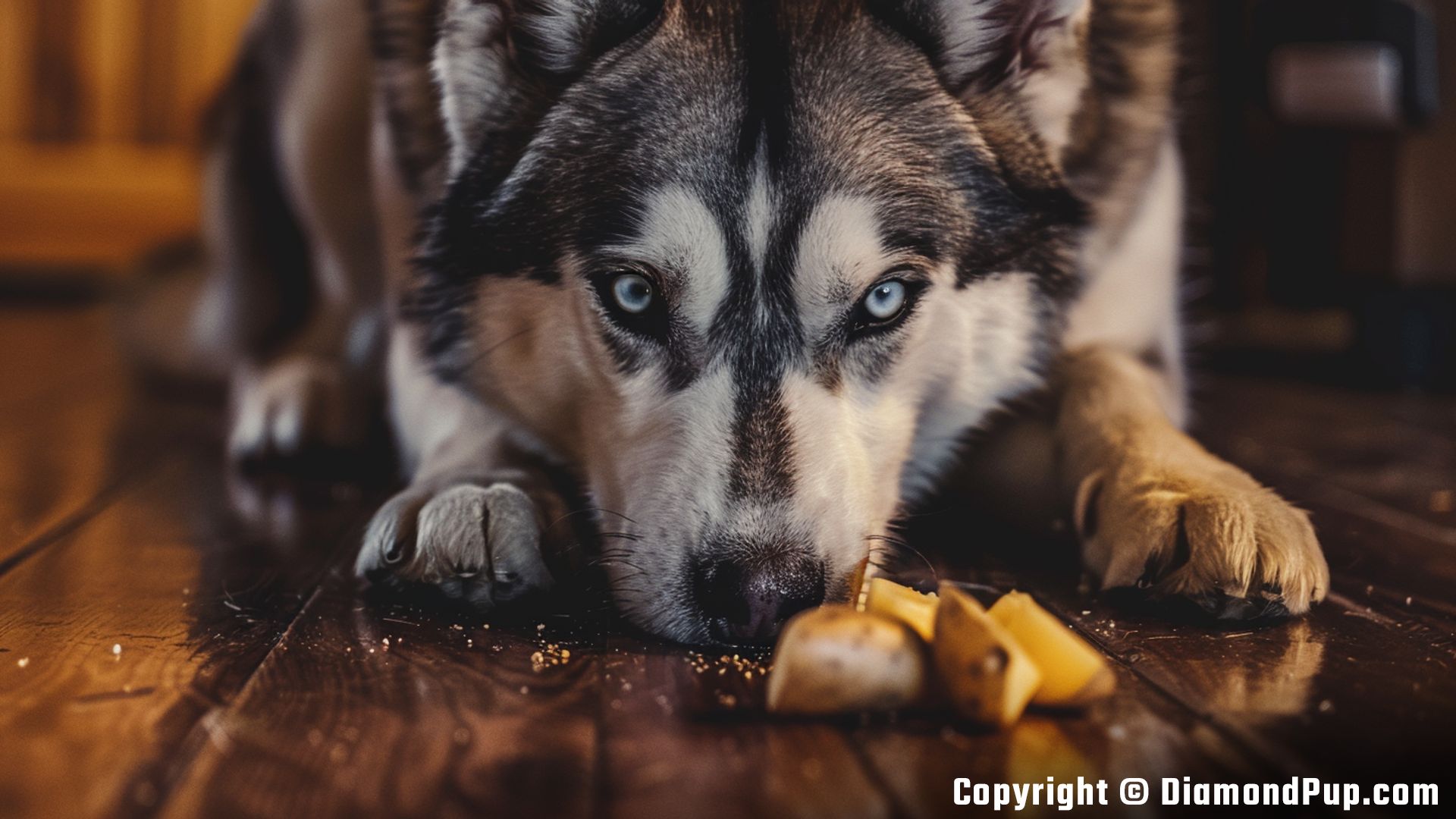 Picture of a Playful Husky Eating Potato
